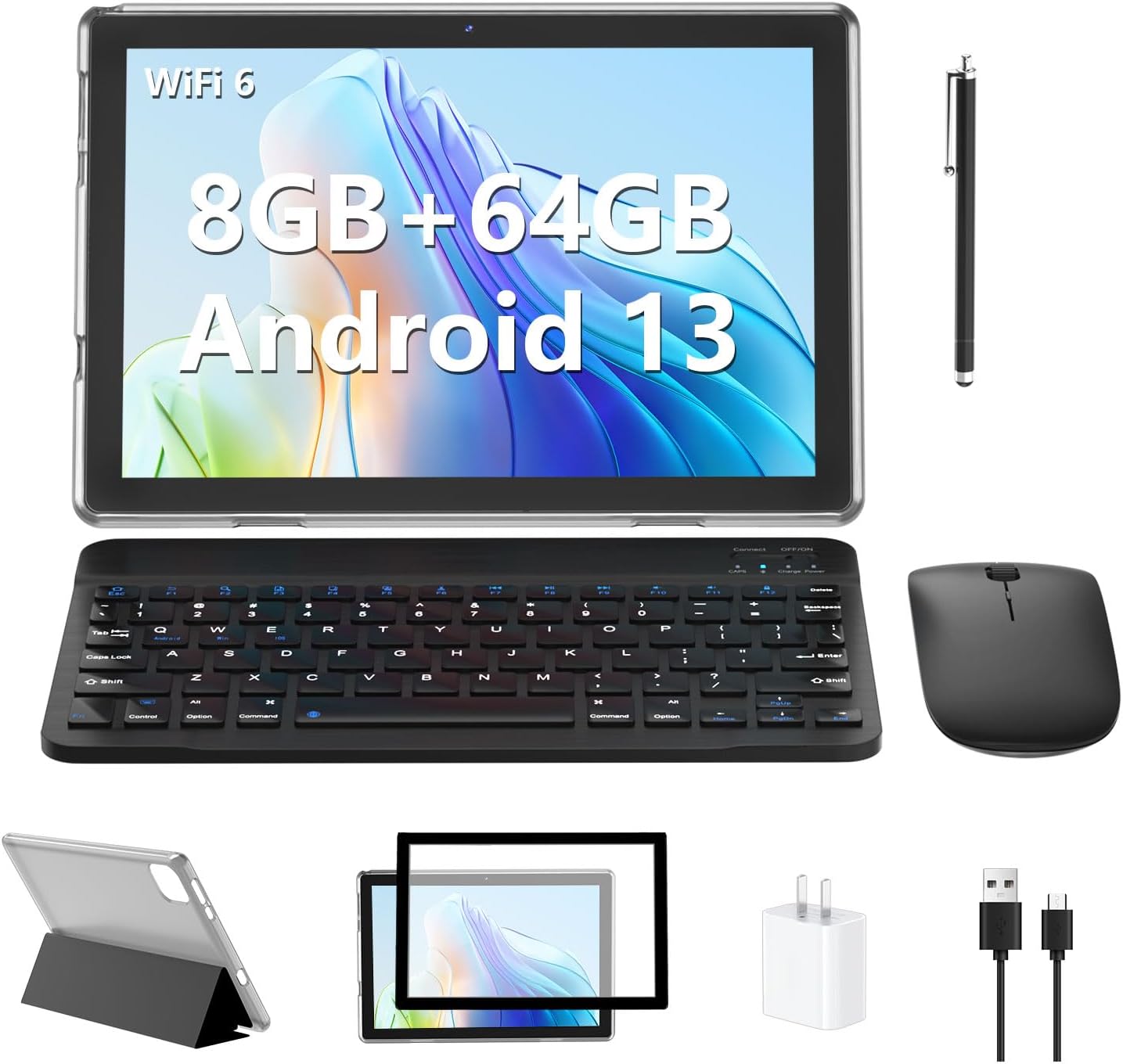 Android 13 Tablet with Keyboard, 2023 Upgraded 10 Inch Tablets with 8GB RAM +64GB ROM +1TB Expanded Quad-Core Processor, Mouse/Stylus, GMS Certified Tablet with BT 5.0 / WiFi - Black