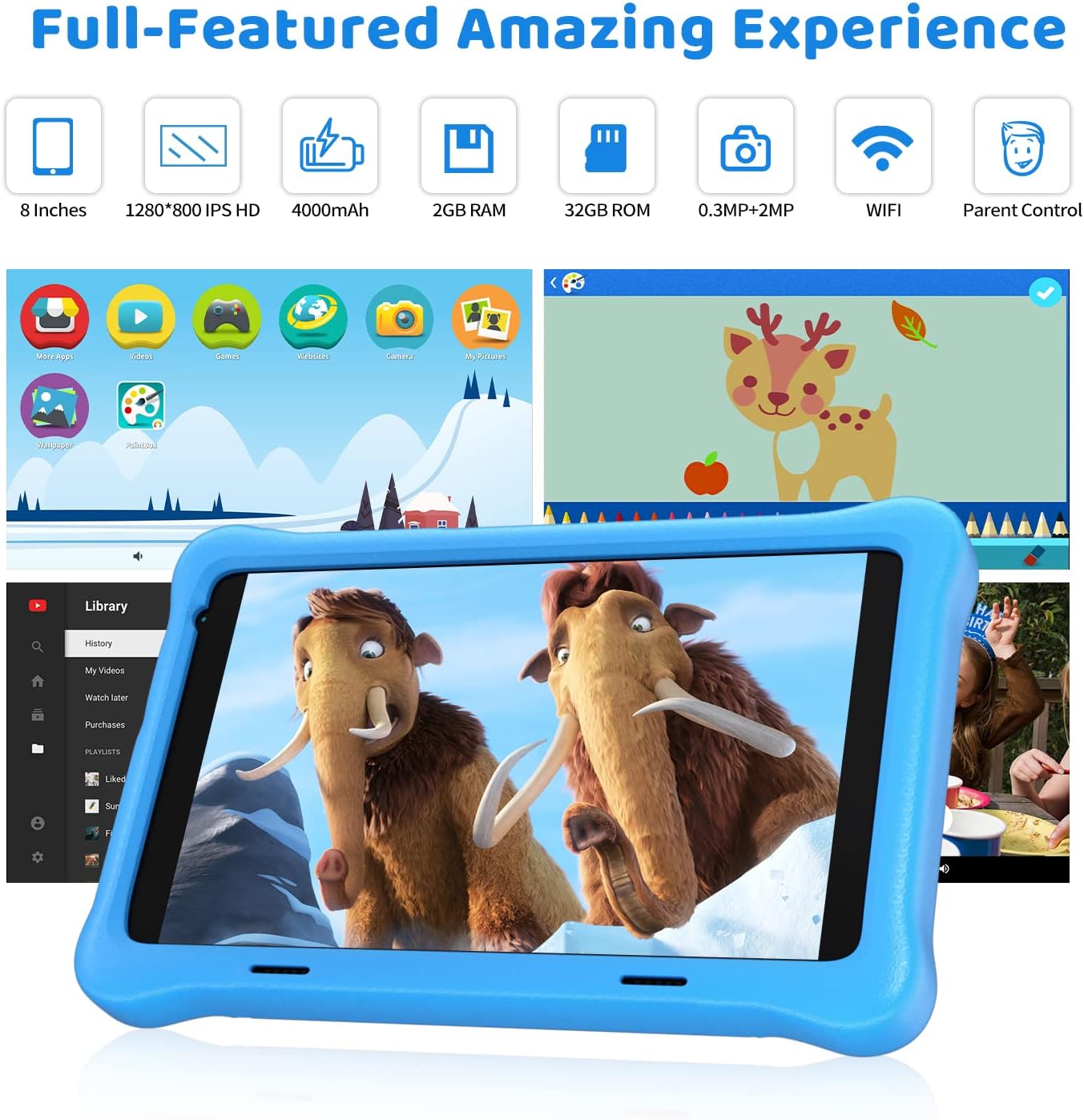 HiGrace Kids Tablet 8 inch, Android 10 Tablets for Kids with Kidoz Installed, HD1280*800, 2GB+32GB ROM, 4000mAh Battery, WiFi, Bluetooth, Kids Edition Tablet with Protective Case - Blue