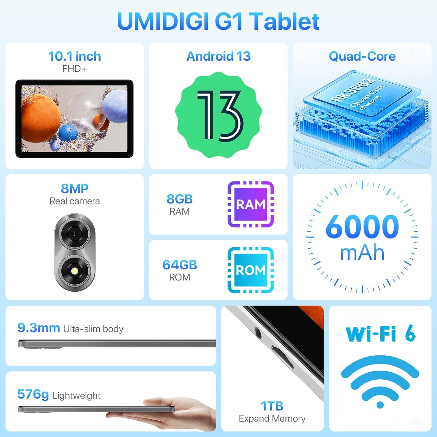 UMIDIGI G1 Tab Android 13 Tablet 2024, 8（4+4） GB+64GB 1TB Expand, Wi-Fi 6 Model, 10.1 inch Tablet with Quad-Core Processor up to 2.0 GHz, 6000mAh, Dual Camera, BT, 1280 * 800 FHD IPS Touch Screen