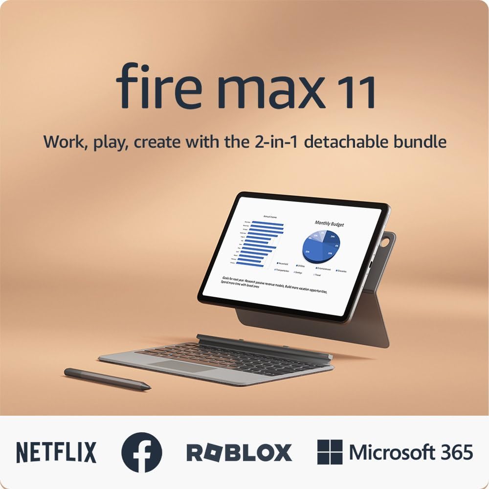 Amazon Fire Max 11 tablet productivity bundle with Keyboard Case, Stylus Pen, octa-core processor, 4 GB RAM to do more throughout your day, 128 GB, Gray, without lockscreen ads