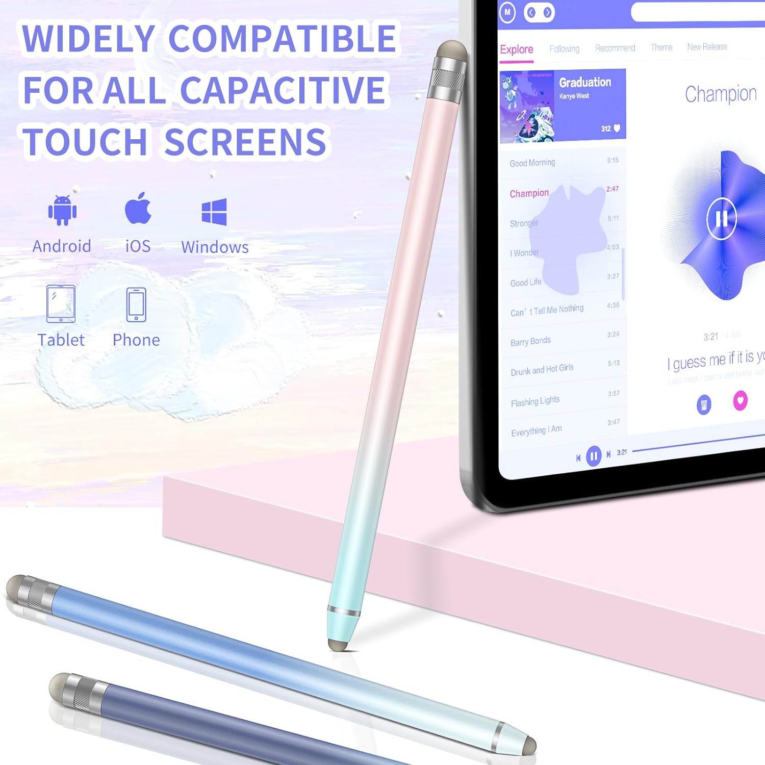 Stylus Pens for Touch Screens(3 Pcs), High Sensitivity Fiber Tips Capacitive Stylus for iPad iPhone Tablets Samsung Galaxy All Universal Touch Screen Devices (Gradient Blue)