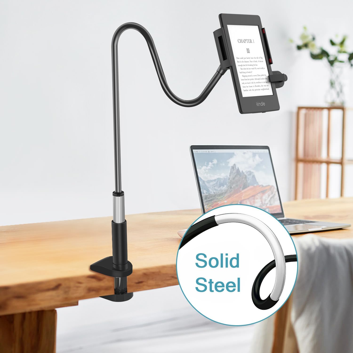 Gooseneck Holder for Kindle Reading in Bed, Flexible Lazy Arm for Phone and Tablet, Desk Bedside Mount Compatible with iPhone iPad Mini