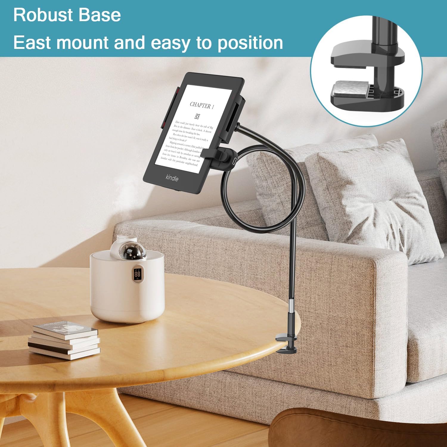 Gooseneck Holder for Kindle Reading in Bed, Flexible Lazy Arm for Phone and Tablet, Desk Bedside Mount Compatible with iPhone iPad Mini