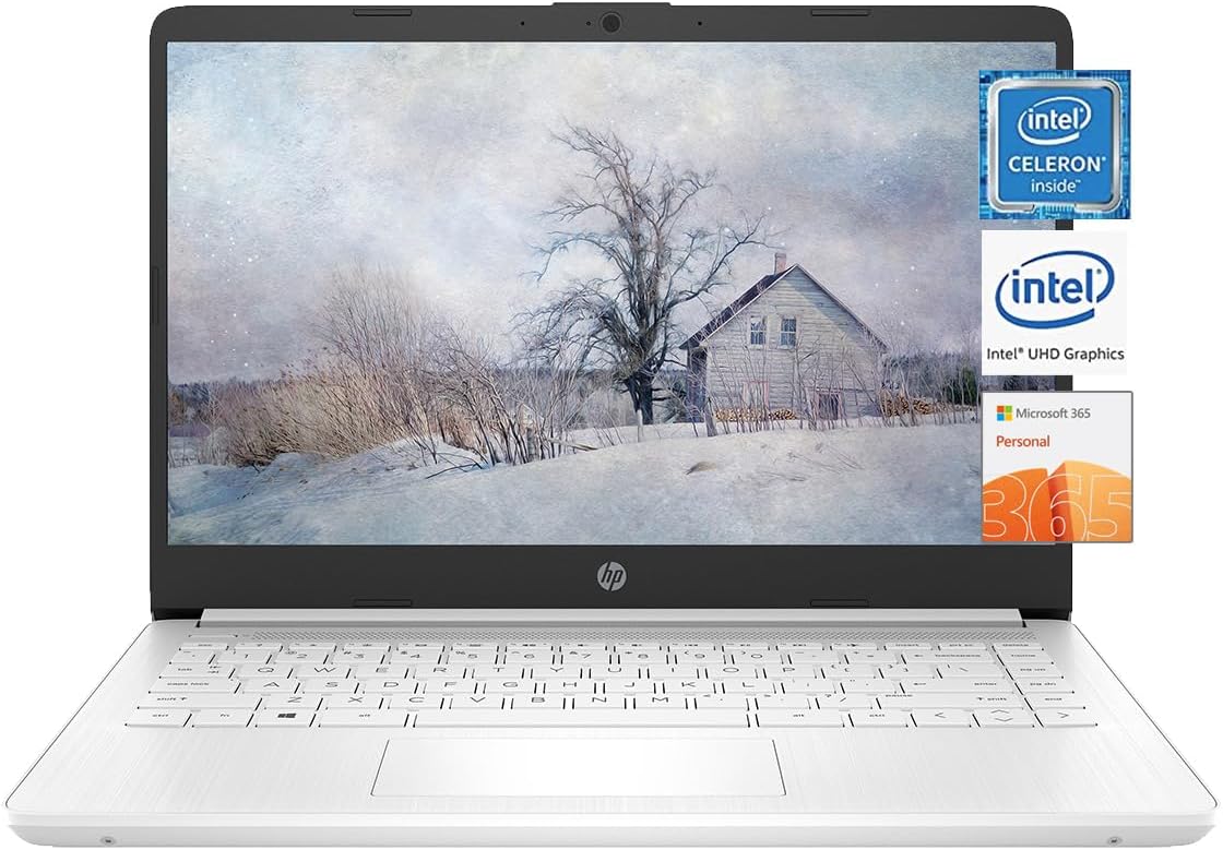 HP 14 Laptop, Intel Celeron N4020, 4 GB RAM, 64 GB Storage, 14-inch Micro-edge HD Display, Windows 11 Home, Thin  Portable, 4K Graphics, One Year of Microsoft 365 (14-dq0040nr, Snowflake White)