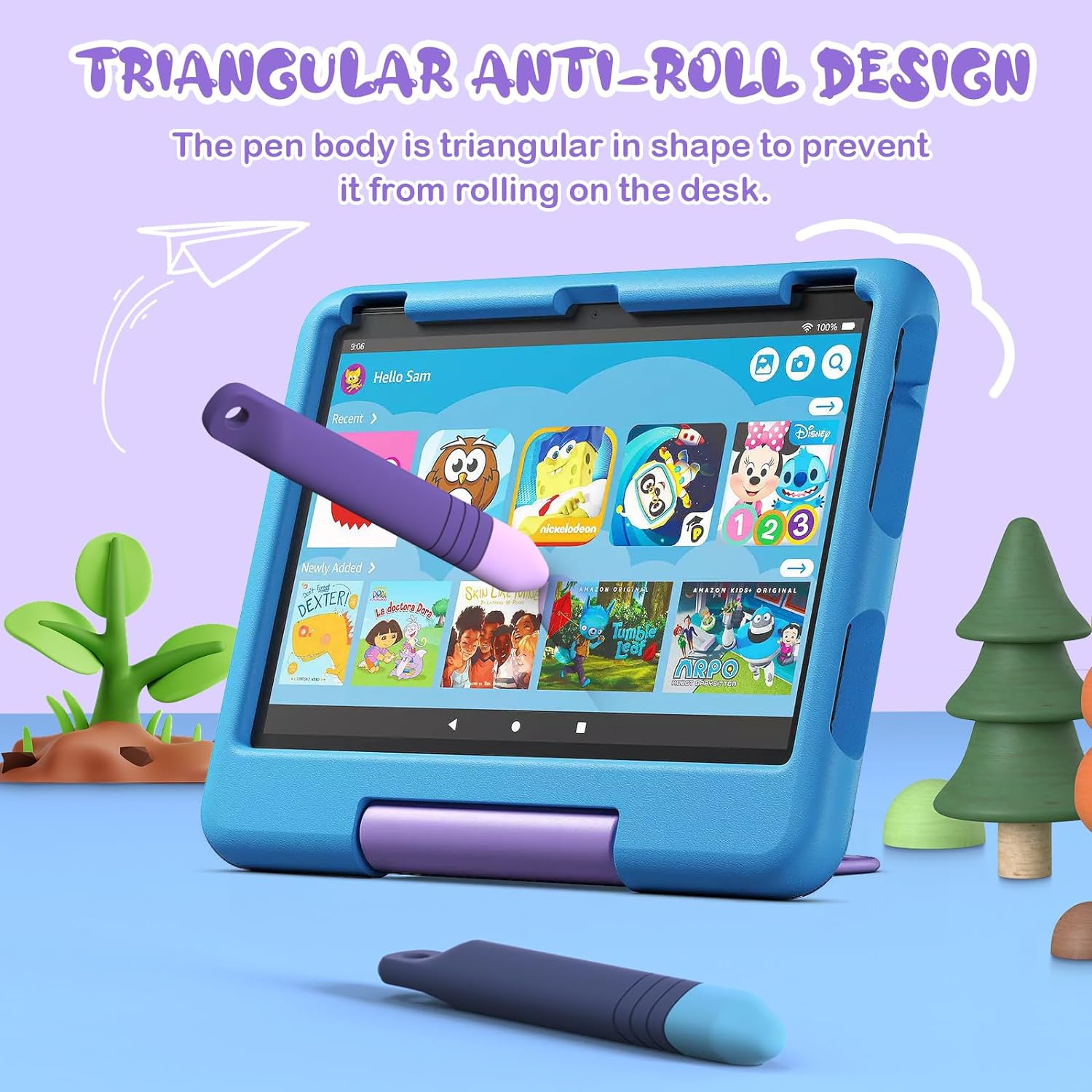 Kid-Friendly Stylus Pens for Touch Screens with Tethers - Mixoo Anti-Rolling Tablet Stylus 2 Pack for Kids, Compatible with iPad, iPhone, Tablets, Kindle and All Touch Screen Devices (Blue+Purple)