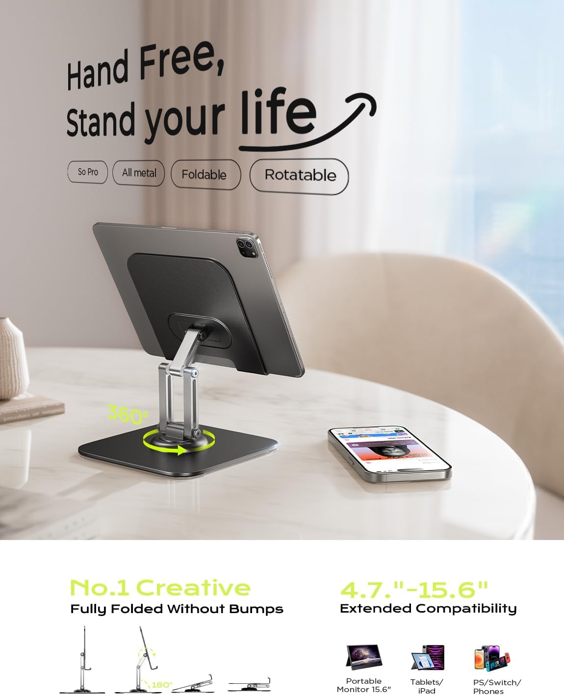 LISEN for iPad Stand Holder Adjustable Tablet Stand for Desk, Portable Monitor Stand Tablet Holder Travel Must Haves iPad Pro Holder Essentials for Tablets/Monitor/PS/Switch iPhone 15.6-4.7