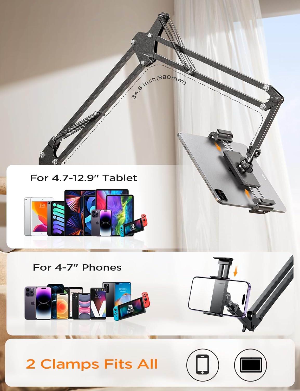 LISEN Tablet Stand Phone Holder iPad Holder for Desk Mount[Ultra Sturdy] 2 Clamps Kindle Holder for Bed Gooseneck Phone Tablet Holder Mount Phone Stand fits iPhone 15 Pro iPad Kindle 4-13 Device