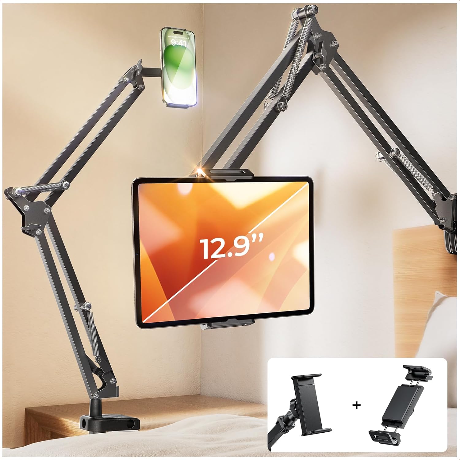 LISEN Tablet Stand Phone Holder iPad Holder for Desk Mount[Ultra Sturdy] 2 Clamps Kindle Holder for Bed Gooseneck Phone Tablet Holder Mount Phone Stand fits iPhone 15 Pro iPad Kindle 4-13 Device