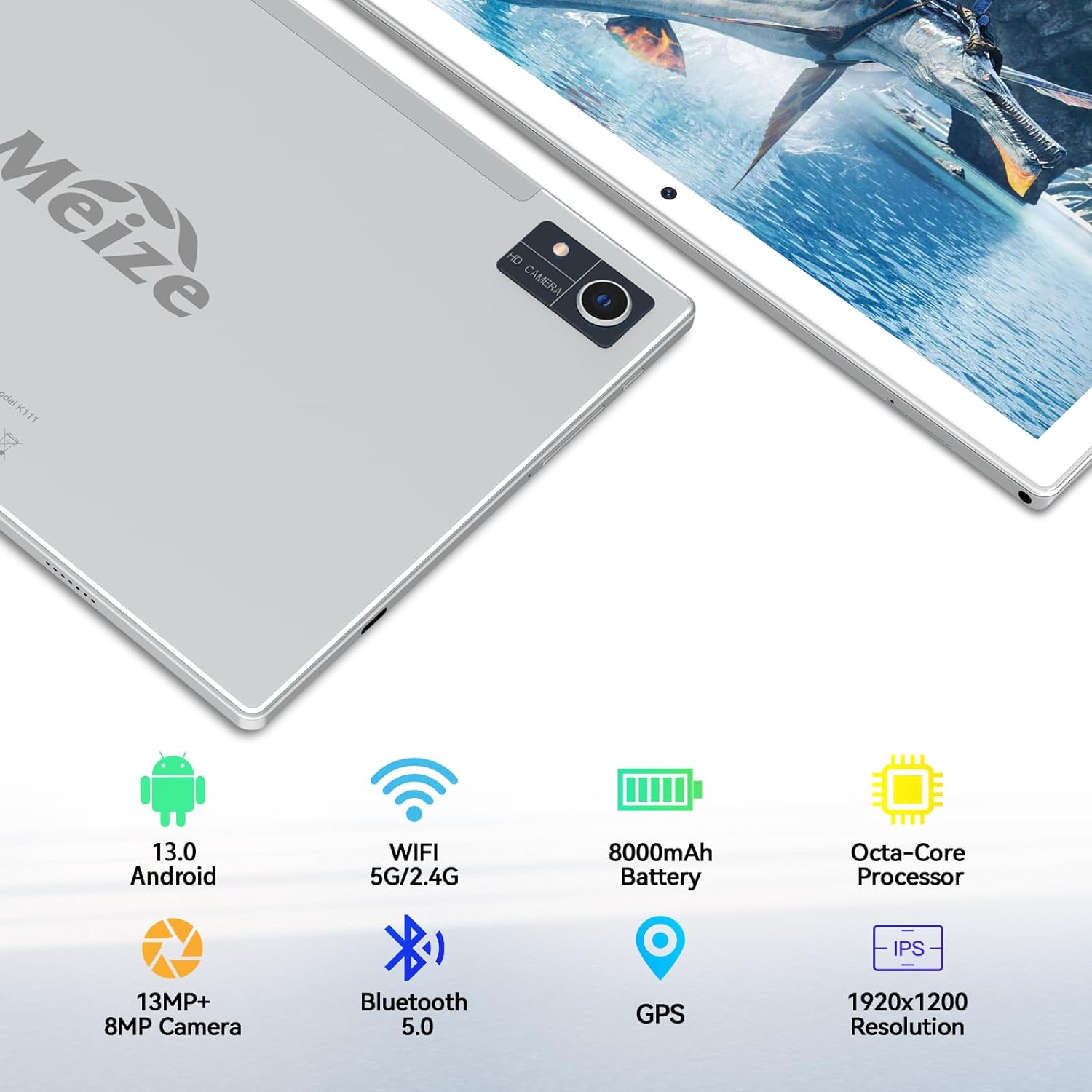 Newest 2024 Android 13 Tablet, 128GB+16(8+8 Expand)GB/512GB Expandable, Octa-Core Tablet with 5G WiFi, 8000mAh Battery, 10.1 inch Tablet with 21MP Camera, Tablet with Keyboard, Bluetooth, Mouse, Case.