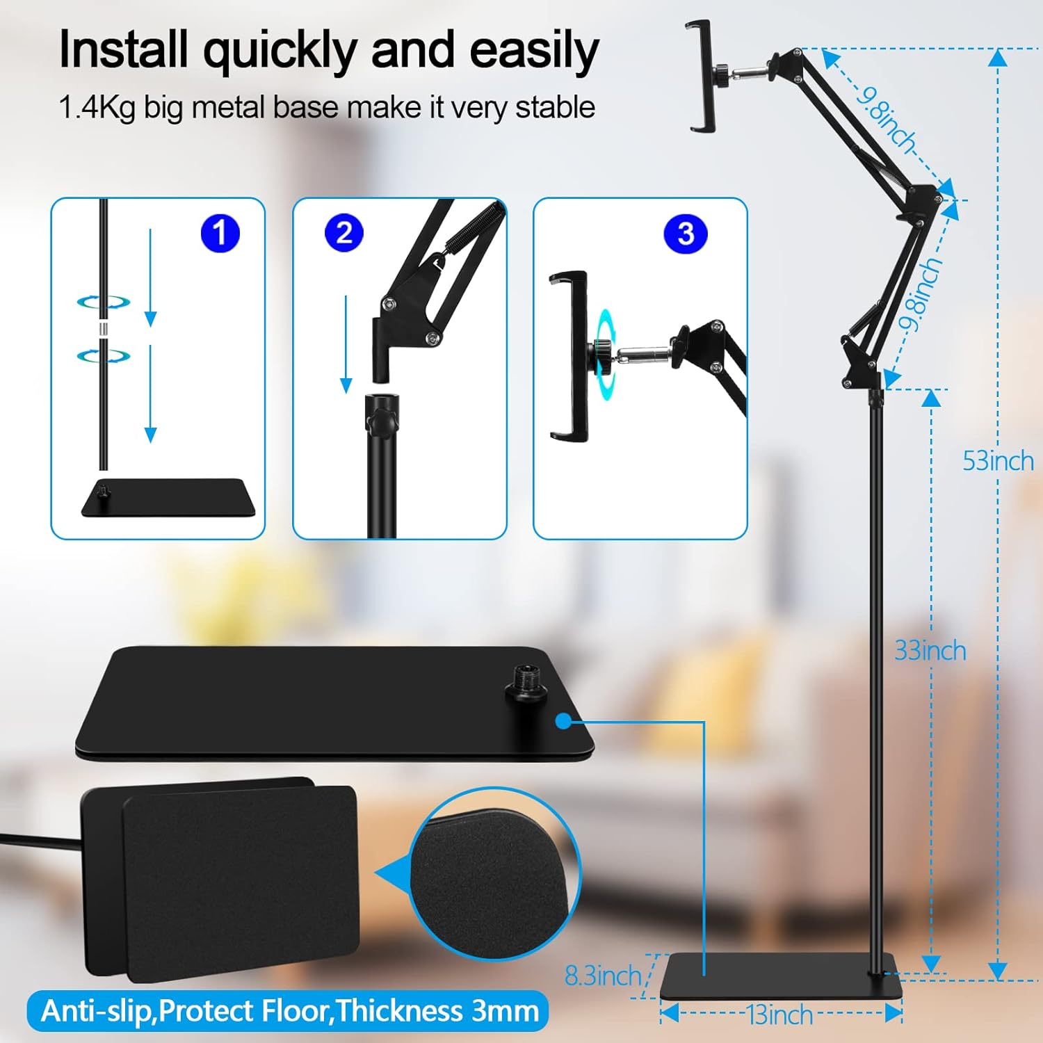 Tablet Floor Stand, Adjustable Universal 360-degree Rotatable Metal Tablet Holder, Phone Stand for iPad/iPhoneX/iPad Pro or Other 4.7~12.9 Inch-Screen Devices (Black)