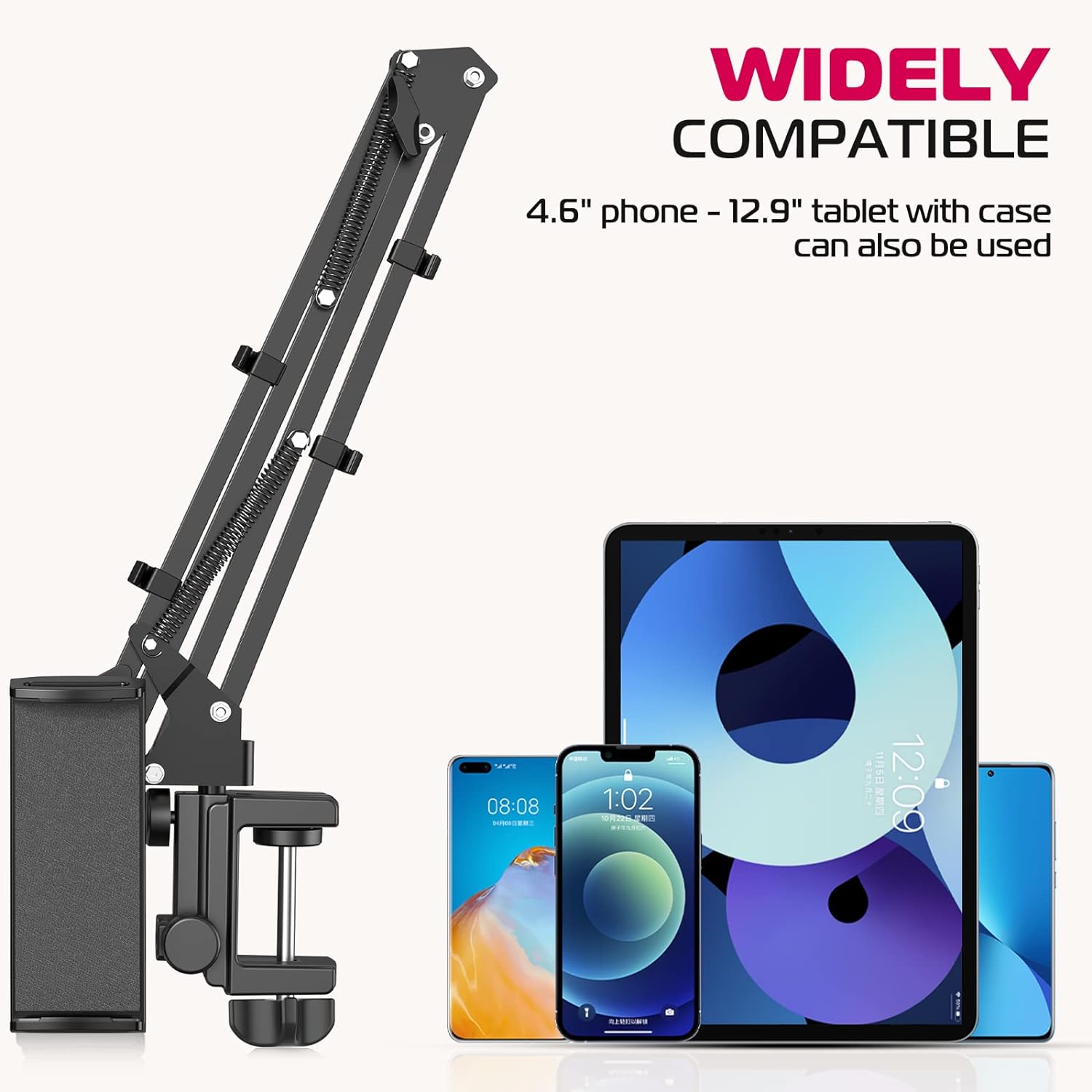 ULANZI T2 Adjustable Tablet Holder for Desk, Carbon Steel Tablet Phone Stand for Bed, Flexible Tablet Arm Clamp Compatible with iPhone 15 Pro iPad Kindle Galaxy Tab 4.6-12.9 Inch Devices