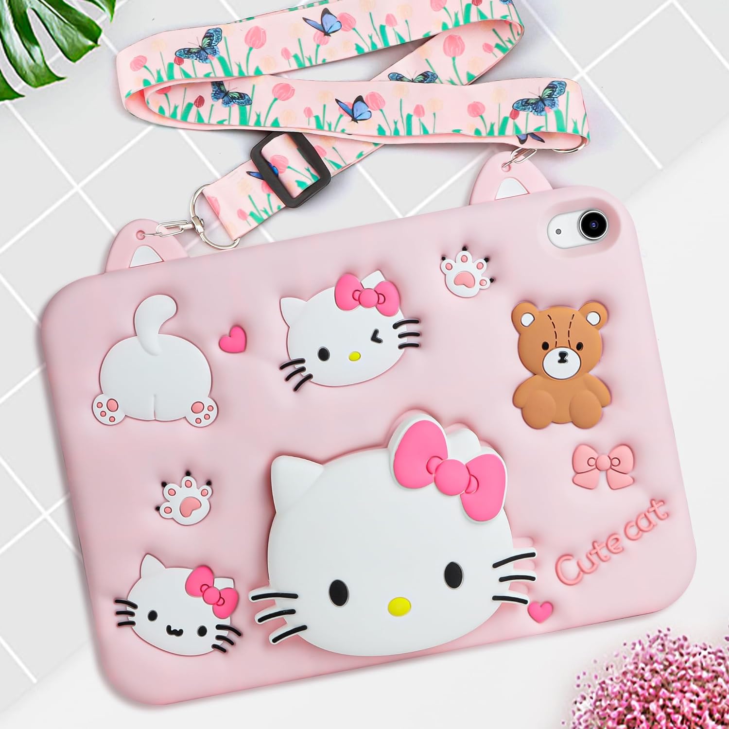 Wollony for iPad 10th Generation Case iPad 10th 2022 10.9 Case with Screen Protector Shoulder Strap Cute Cat Case Stand Kickstand Cartoon Silicone Cover Girls Kids for iPad 10th Gen 10.9 (2022) Pink