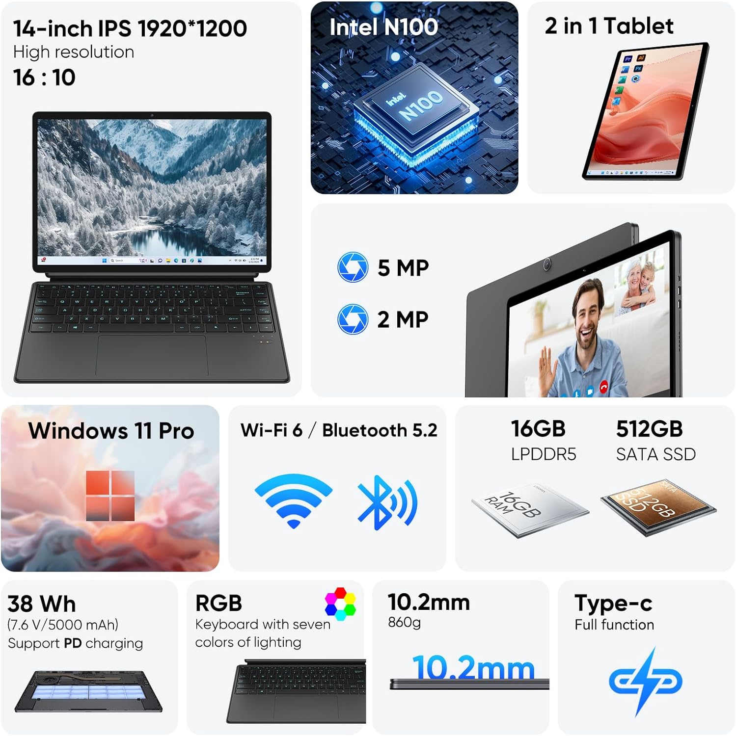 2 in 1 Laptop Tablet, 14 Inch Touchscreen Laptop, Intel N100 (up to 3.4GHz), 16GB LPDDR5, 512GB SSD, Windows 11 Pro，1920x1200，Wi-Fi 6，BT5.2，Backlit Keyboard