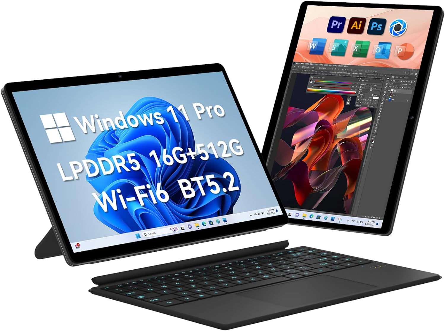 2 in 1 Laptop Tablet, 14 Inch Touchscreen Laptop, Intel N100 (up to 3.4GHz), 16GB LPDDR5, 512GB SSD, Windows 11 Pro，1920x1200，Wi-Fi 6，BT5.2，Backlit Keyboard