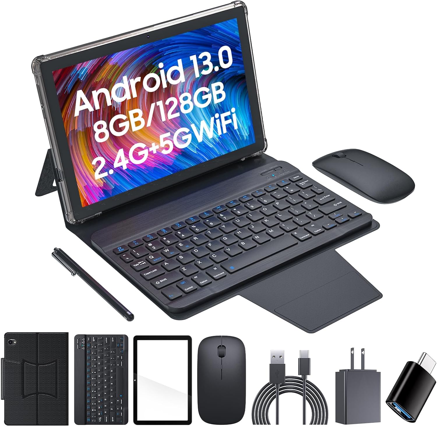 Android 13 Tablet 10.1 Inch Tablet with Keyboard, 8GB RAM 128GB ROM/1TB Computer Tablets, 10 HD 2.4G/5G WiFi 6 Tableta PC with Case Mouse Stylus Film OTG, Quad-core 6000mah Battery, 8MP Dual Camera