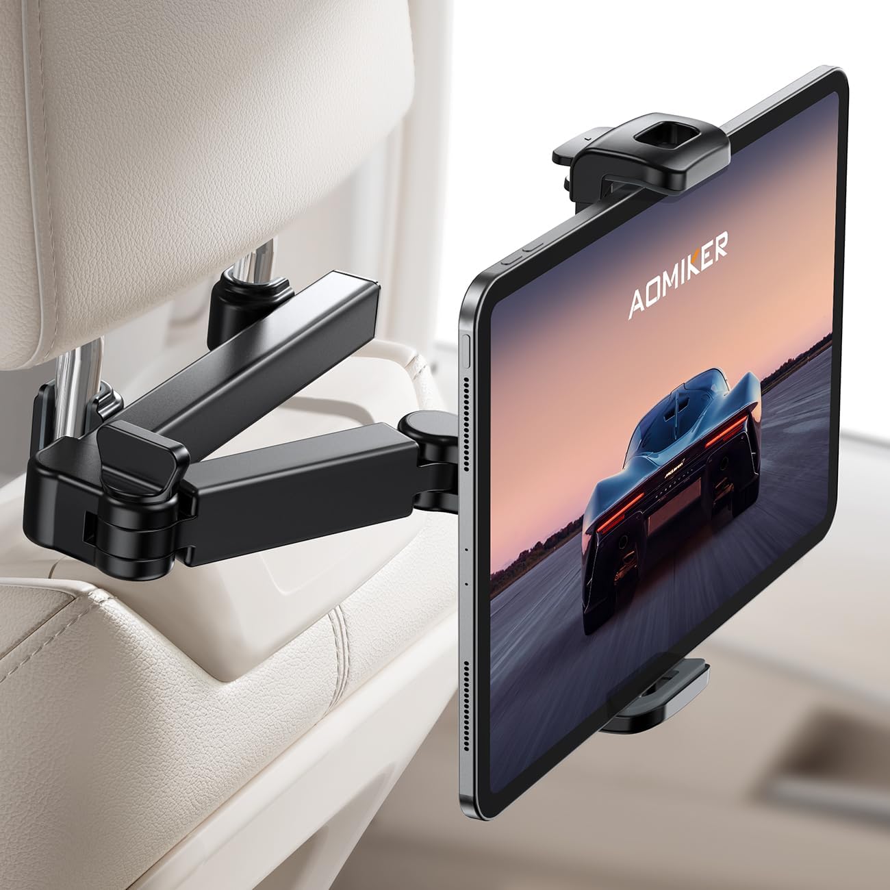 Aomiker iPad Holder Car Headrest - [Stretchable Arm] 2024 Adjustable Tablet Mount for Car Backseat, Travel Road Trip Essentials for Kids, for iPad Pro, Air, Mini, Samsung Tab, 4.7-11” Device - Black