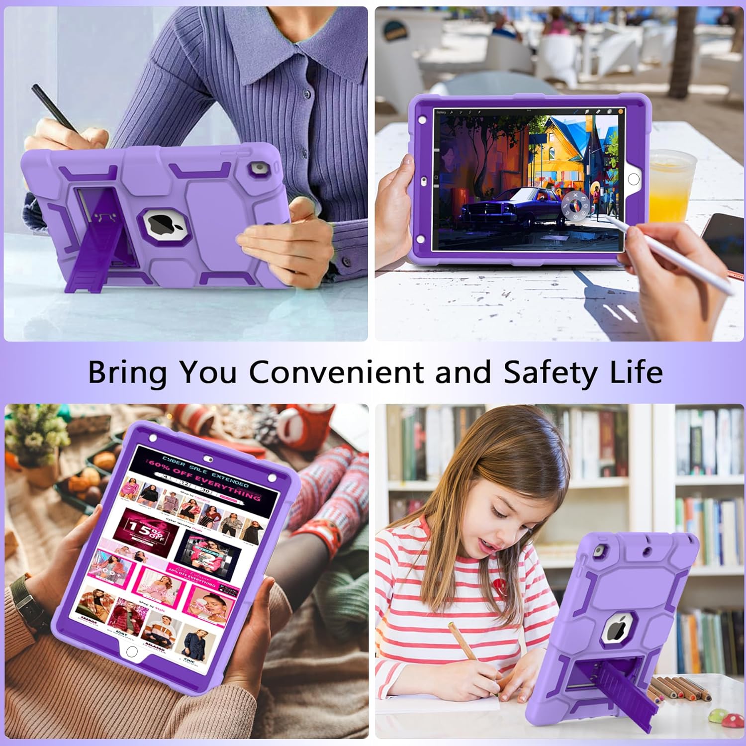 CCMAO for iPad 9th Generation Case, iPad 8th/7th Generation Case, iPad 10.2 Inch 2021/2020/2019 Case, Heavy Duty Shockproof Protective Cover with Kickstand for Girls Women, Light Purple+Dark Purple