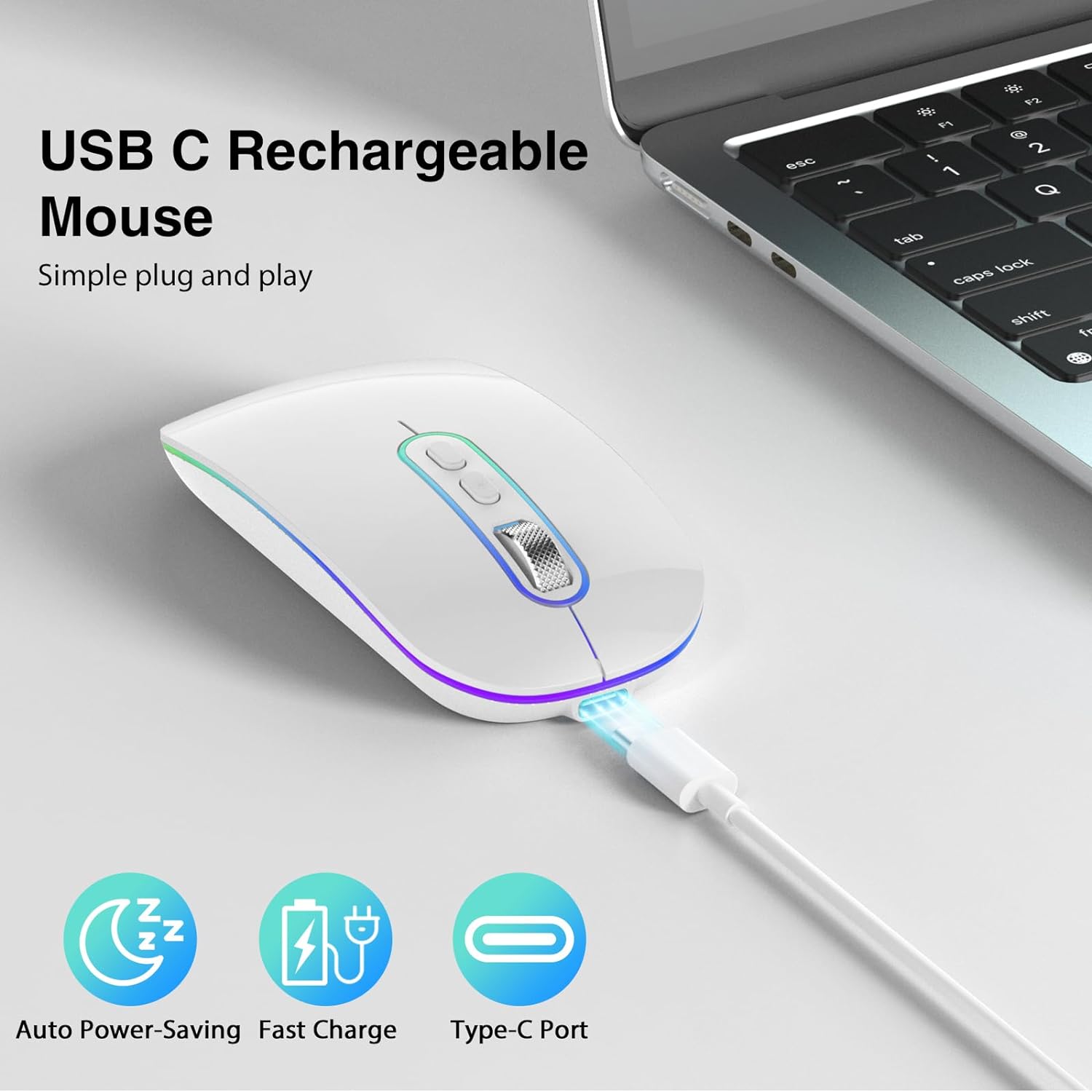 cimetech Wireless Mouse for Laptop, Led Lights, Rechargeable Bluetooth Mouse, Computer Mice for MacBook Air iPad iPhone Tablet Surface Pro HP (White)
