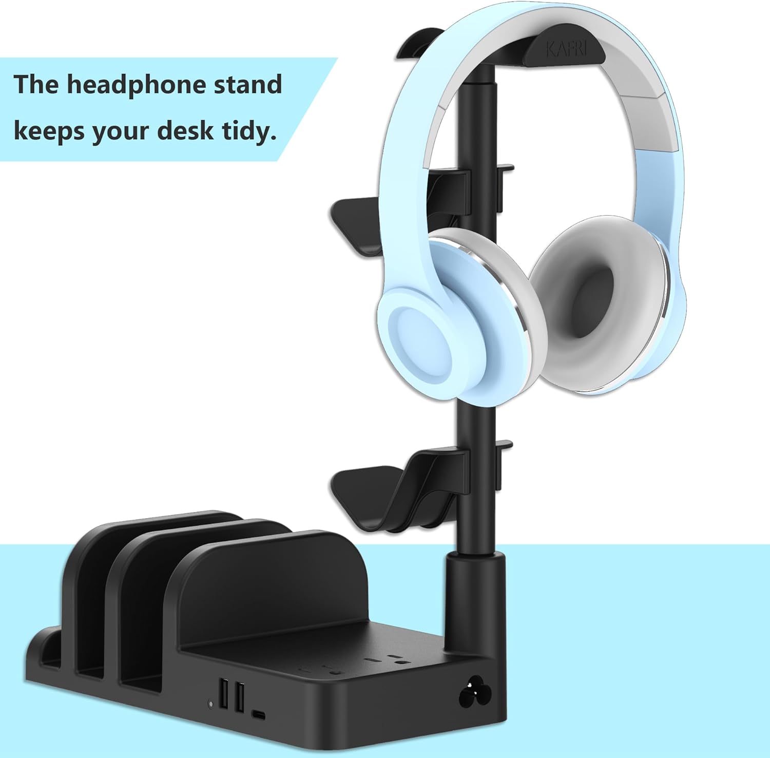 KAFRI Headphone and Controller Stand with USB AC Charger, Desk Gaming Accessories Headset Holder with USB Charging Port and 2 AC Outlets, Switch/Phone Storage Organizer, Gamer Gift for Men Boyfriend