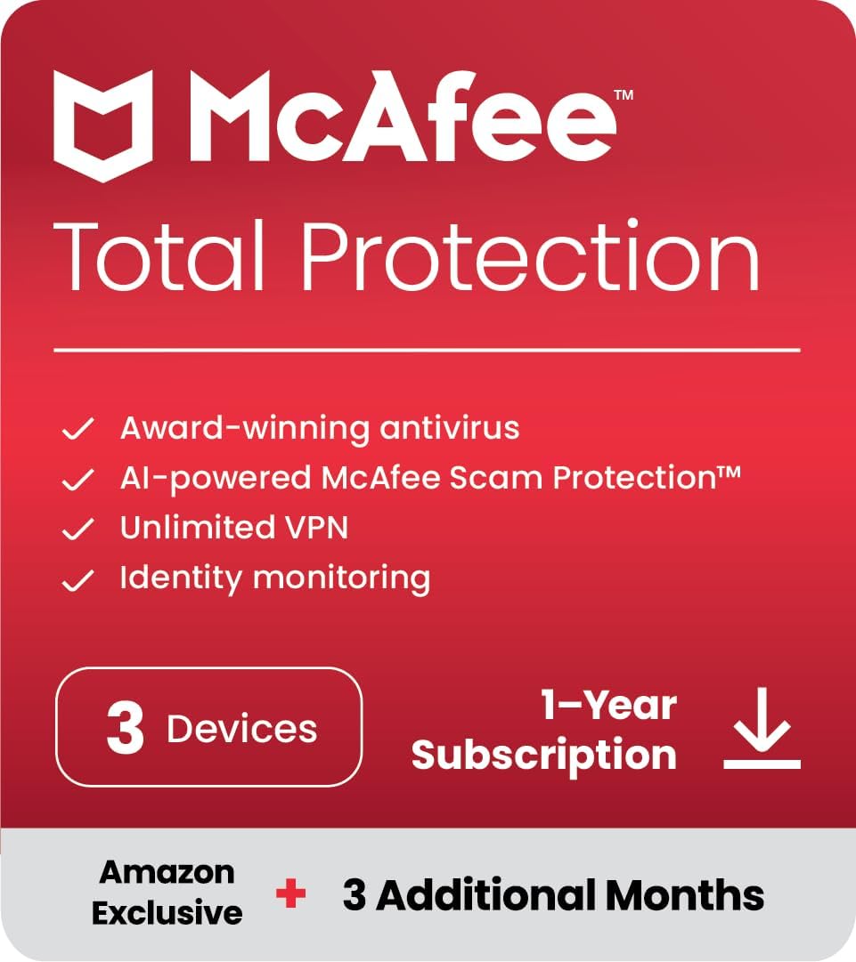 McAfee Total Protection 2024 Ready | 3 Devices | 15 Month Subscription | Cybersecurity software includes Antivirus, Secure VPN, Password Manager, Dark Web Monitoring | Amazon Exclusive | Download