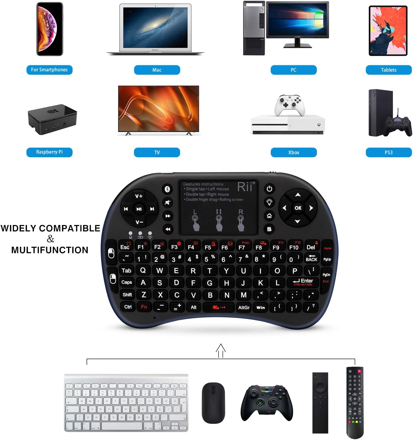 Rii i8 Mini Bluetooth Keyboard with Touchpad＆QWERTY Keyboard, Portable Wireless Keyboard with Remote Control for Smartphones /laptop/PC/Tablets/ Windows/Mac/ TV/Xbox/PS3/Raspberry Pi .Black