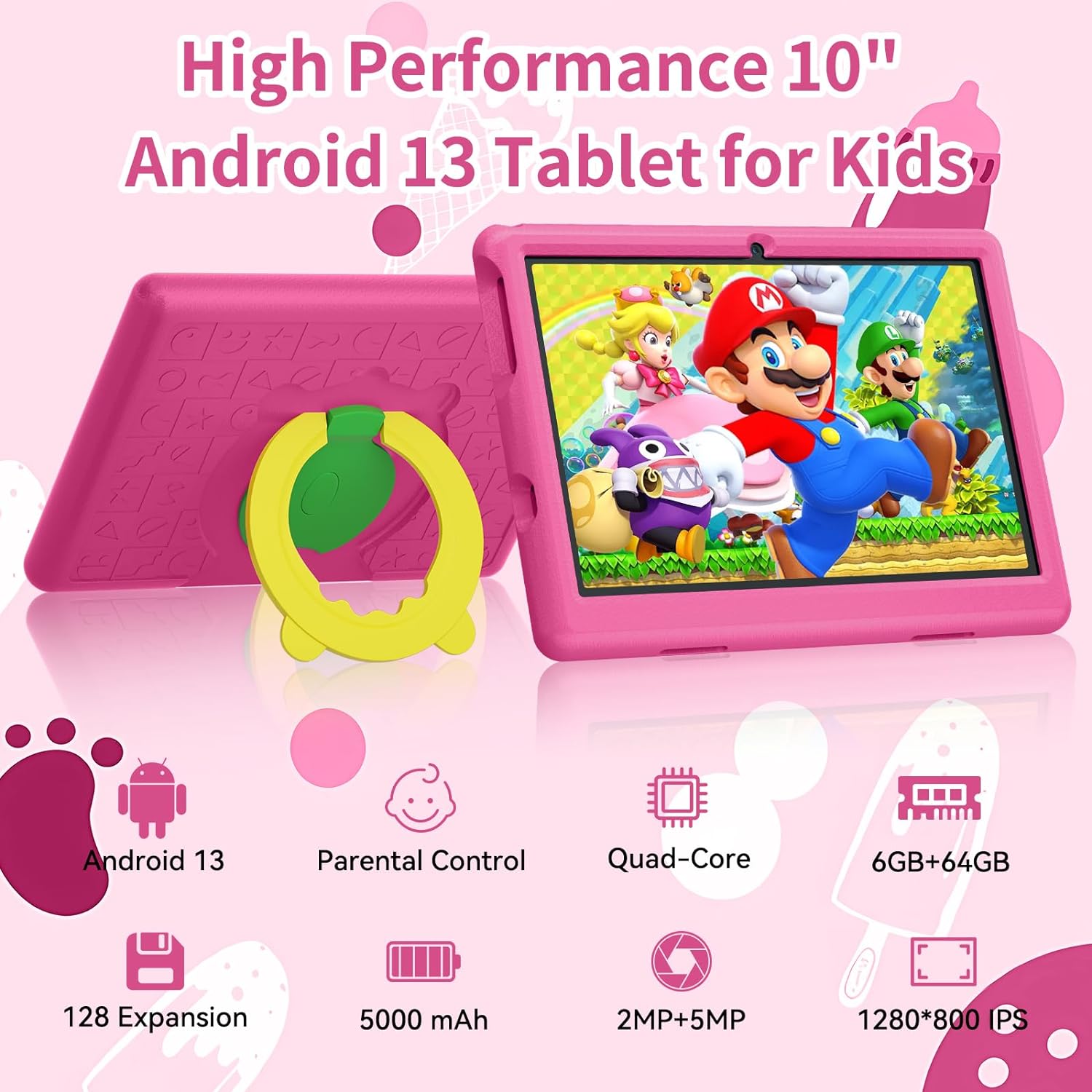 Tablet for Kids, 10 Inch Android 13 Kids Tablet with 6GB RAM+64GB ROM+128GB SD Expansion, 5000 mAh, Dual Camera, Tablet with Parent Control  Kids Education-Blue