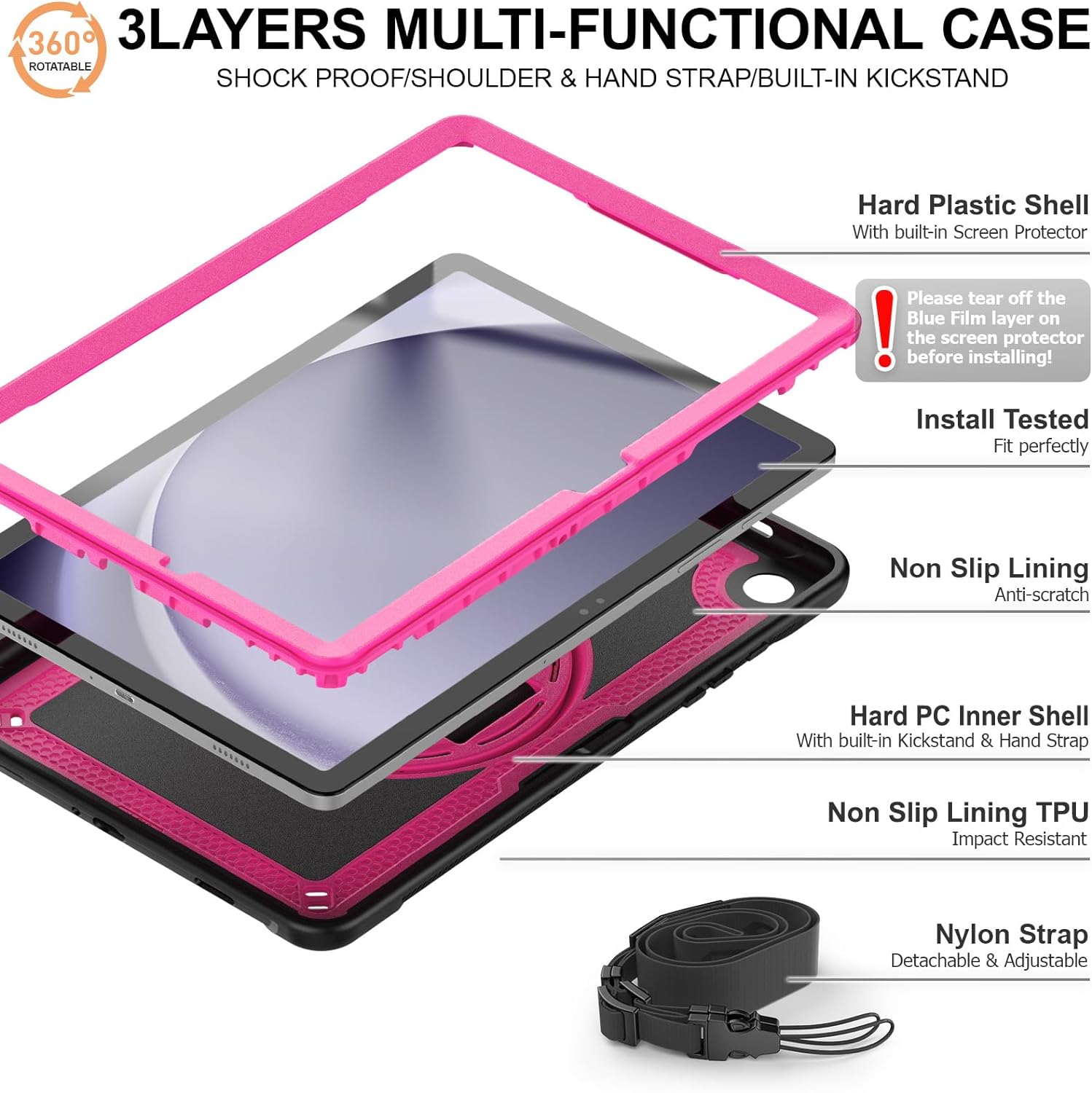 Timecity Case for Samsung Galaxy Tab A9 Plus 2023 11 inch SM-X210/X216/X218: Heavy Duty Rugged Protective Case with Screen Protector, 360 Rotating Stand, Hand Strap, Shoulder Strap -Rose