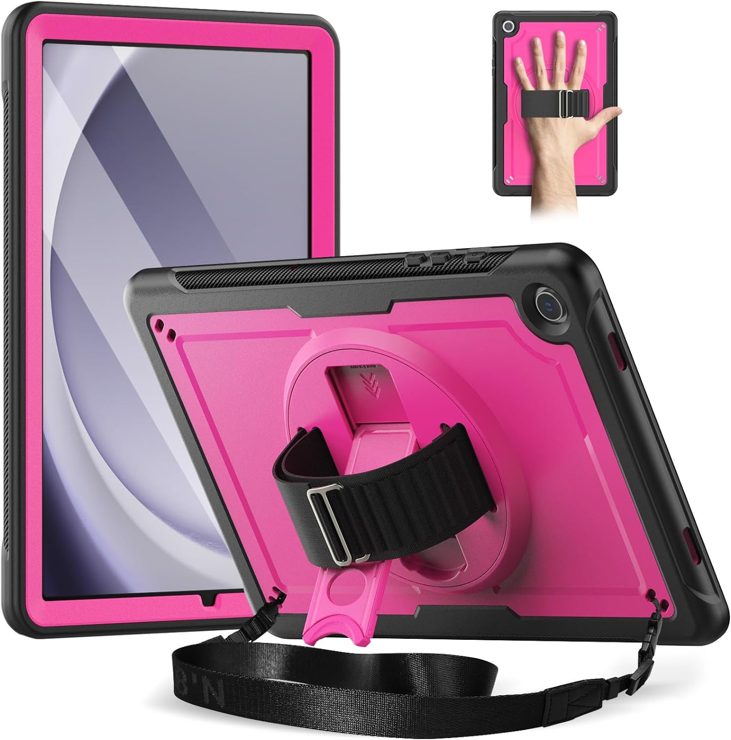 Timecity Case for Samsung Galaxy Tab A9 Plus 2023 11 inch SM-X210/X216/X218: Heavy Duty Rugged Protective Case with Screen Protector, 360 Rotating Stand, Hand Strap, Shoulder Strap -Rose