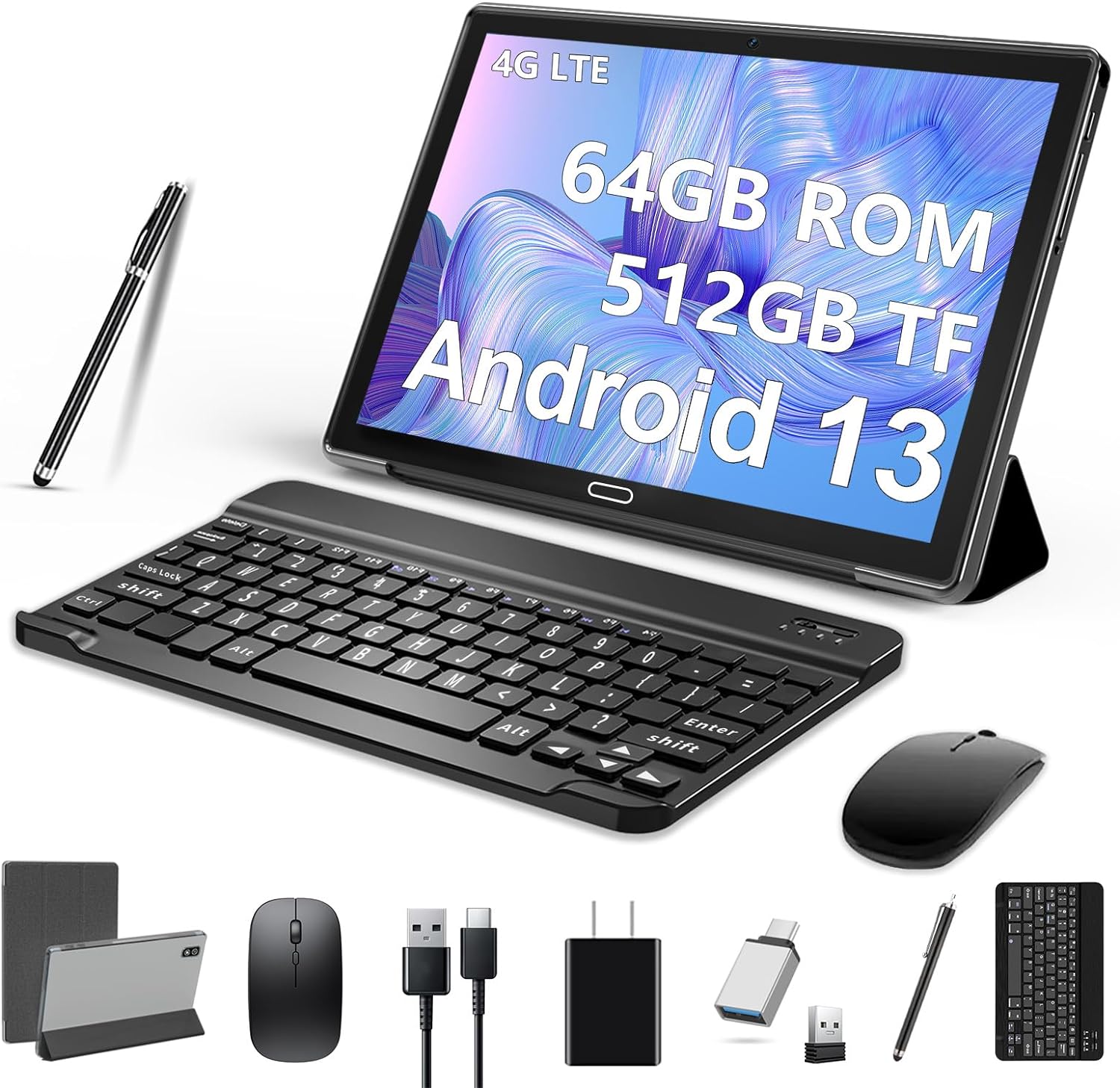 2024 Newest 10 Inch Tablet,3 in 1 Tablet with Keyboard Mouse pen, Android 13 Tablet 4G Cellular with 2 SIM 1 SD-64GB ROM TF Max 512GB,Octa-Core,1080 FHD,13MP,GMS-Zertifizierung,GPS/ WIFI/ BT(Black)
