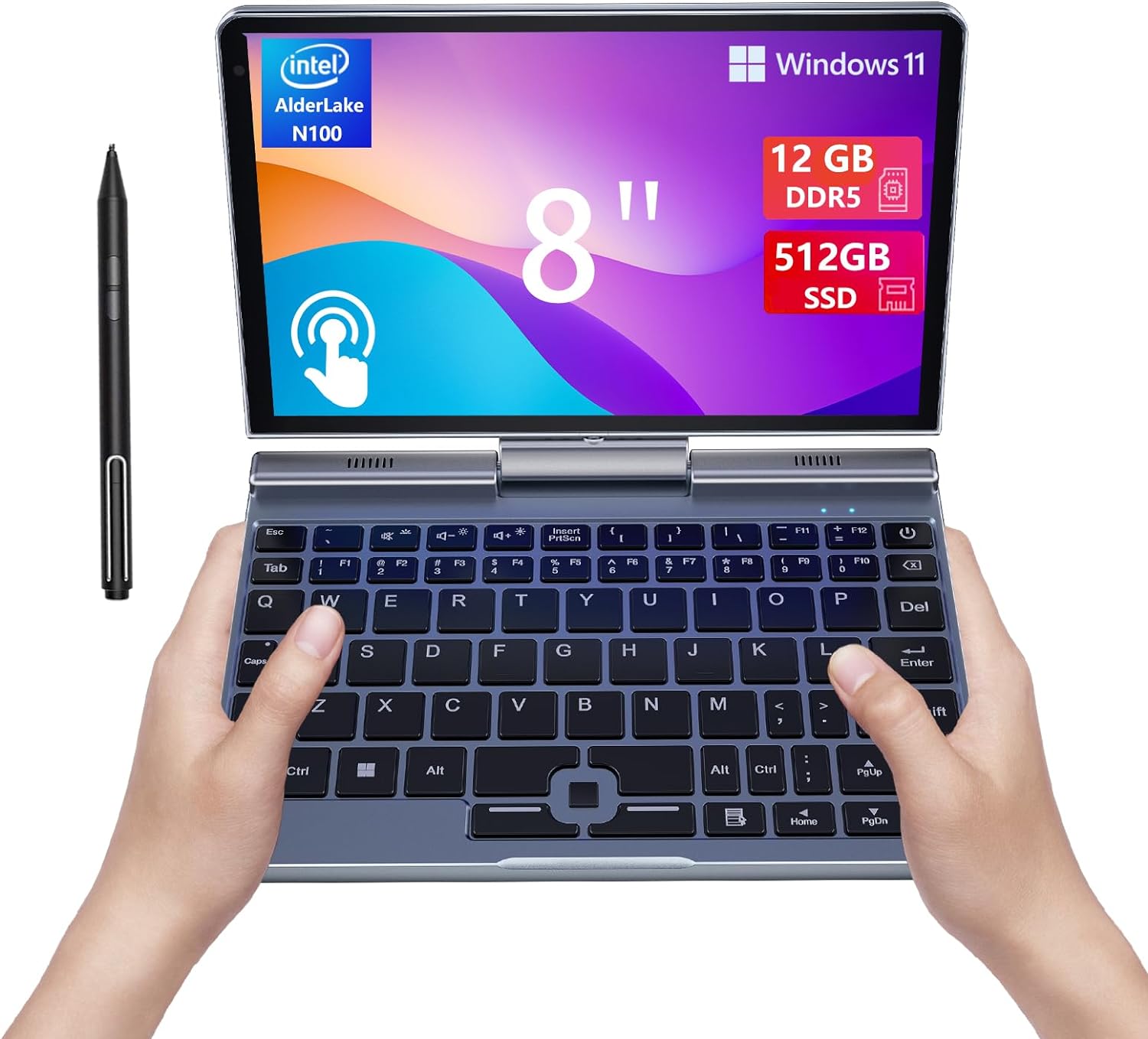 8 inch Mini Laptop HD Touchscreen Portable 2-in-1 Small Computer, Windows 11 Pro Laptop for Business and Students,Intel N100 12GB LPDDR5 512GB M.2 SSD,Wi-Fi 6，BT5.2 2MP Camera，G-Sensor，HDMI，Type C