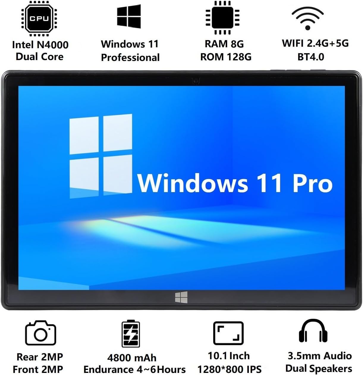 10.1 Inch Windows 11 Pro Tablet, 8GB RAM 128GB Storage, 800x1280 IPS HD Touchscreen, Intel Celeron N4000 CPU Windows Tablet PC with HDMI/WiFi/Bluetooth/Keyboard/USB/Dual Cameras