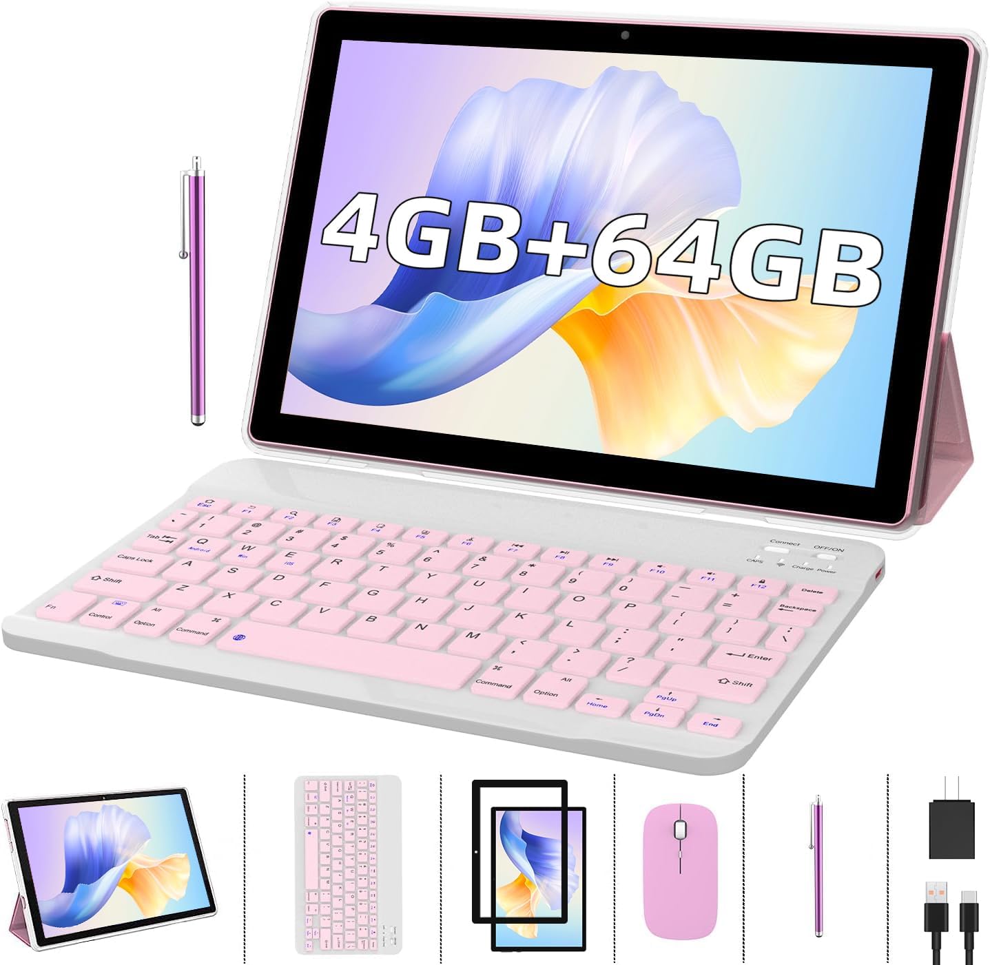 2 in 1 Tablet with Keyboard Case Mouse Stylus Pen Film, 10 inch Tablet Android 11.0 Tablets PC Set, 4GB RAM+64GB ROM Tableta Computer 10.1 IPS Screen 8MP Dual Camera WiFi BT Google Play Tab Pink/Girl