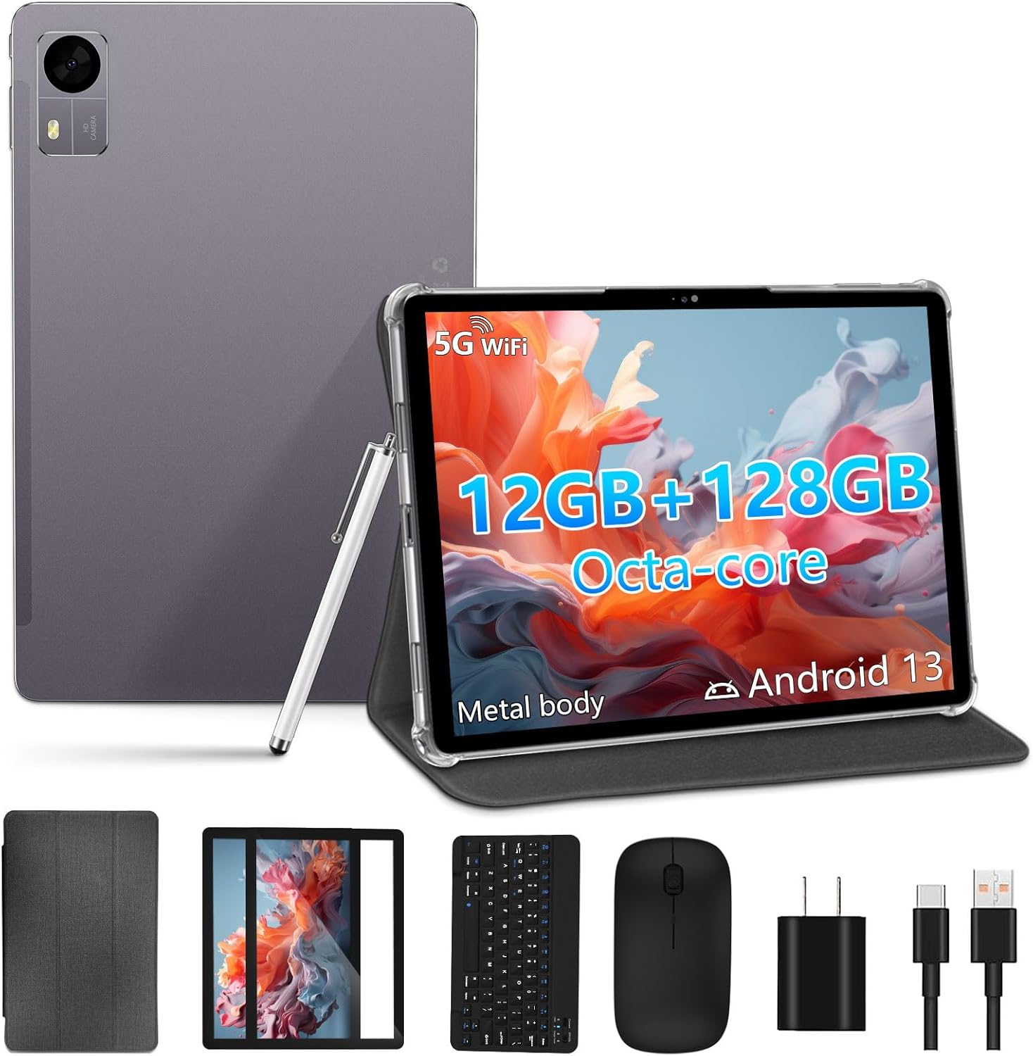 2024 Newest 2in1 Tablet PC, 10 inch Android13 Tablet, GPS, FM, 12GB+128GB with Case, Keyboard, Mouse, Stylus, 2.0GHz Octa Core, HD Touch Screen, Dual Camera, Bluetooth Tableta PC with Netflix