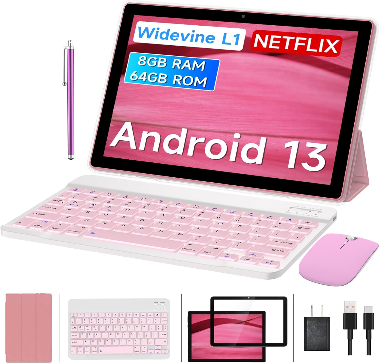 2024 Newest Android 13 Tableta, 2 in 1 Tablet 10 Inch,Computer Tablet, with Keyboard Case, 8GB+64GB ROM/1TB Computer Tablets, Quad Core, Dual Carema, Games, Wi-Fi, BT, GMS(Pink)