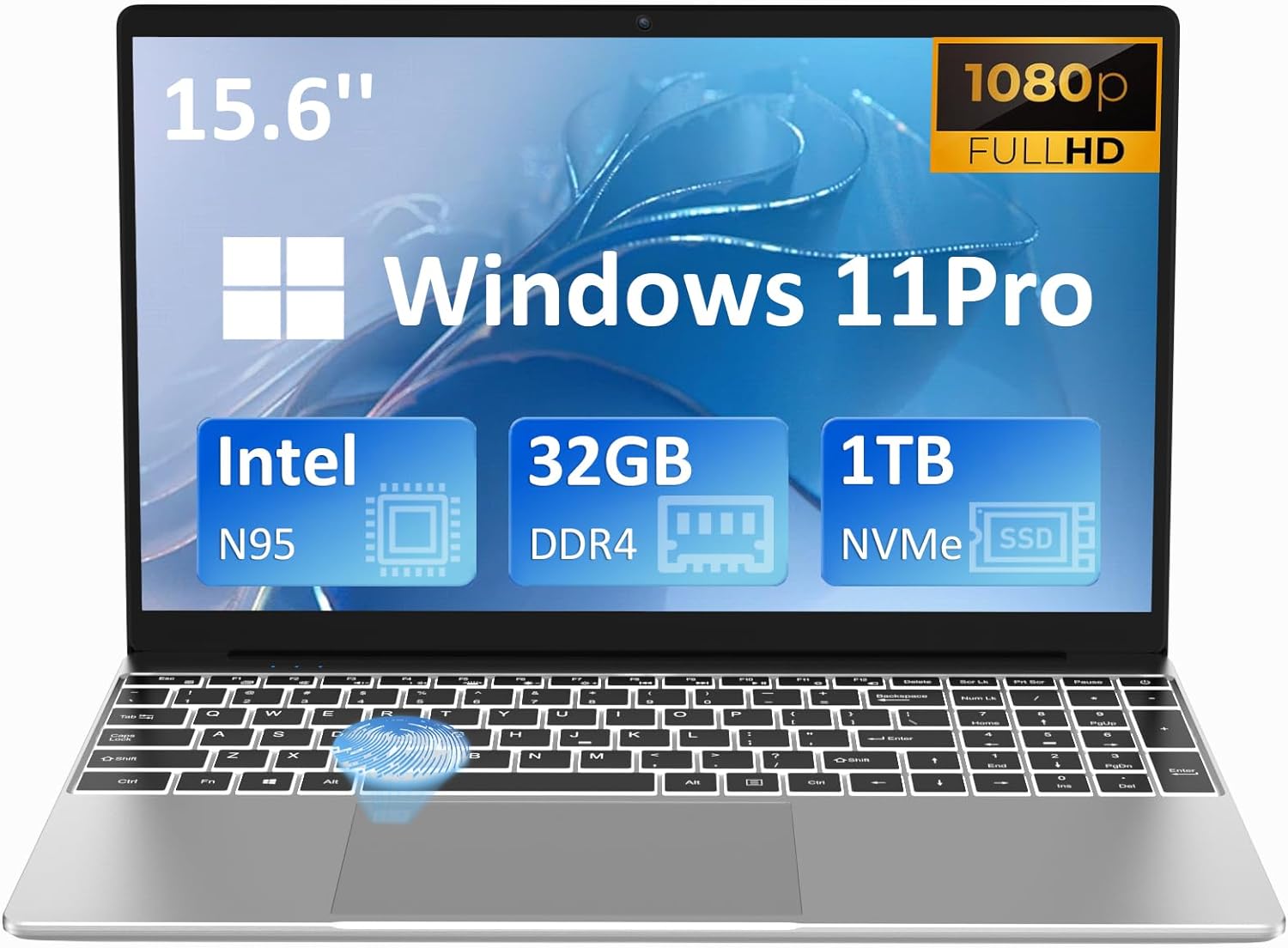 32GB RAM Windows Laptop Computer, 1TB M2 PCIe NVMe SSD, 1.7-3.4 GHz Intel N95 (Beat i5-6440EQ) CPU, 15.6 FHD 180° IPS LCD Screen, Backlight Keyboard, Fingerprint Reader, Mini HDMI, USB-A x2