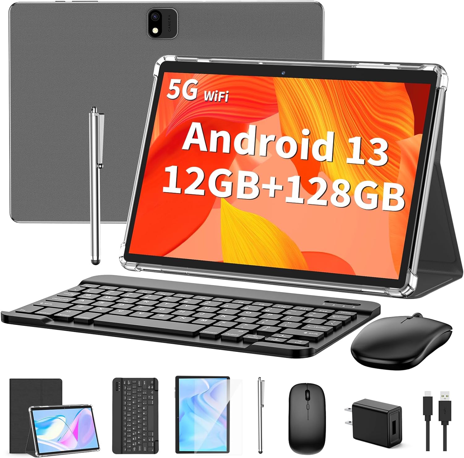 Android Tablet with Keyboard, Android 13 Tablet, 12GB+128GB, 1TB Expand, 2 in 1 Tablet, 10 inch Tablet with Case, Mouse, Stylus, 8000mAh Battery, 2.4G/5G WiFi, GPS, Certified Tablet PC, Silver