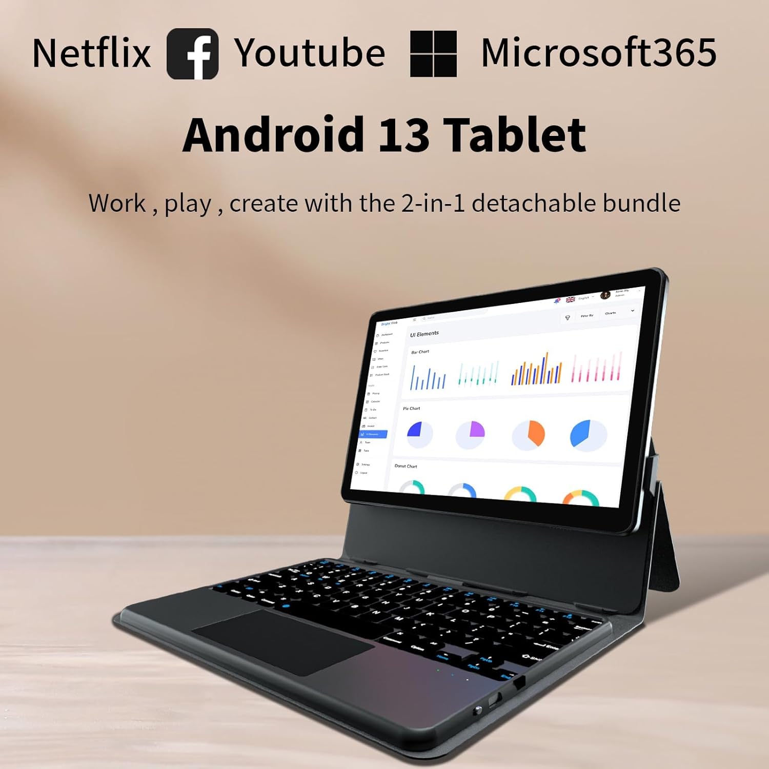 Android13 Tablet, 10inch 2in1 Tablet PC, Large Storage 16GB+128GB+512GB Expand, Powerful Quad-core CPU with Keyboard, Stylus, Dual Camera, Fastest WiFi6, Bluetooth,HD Touchscreen Display Widevine L1