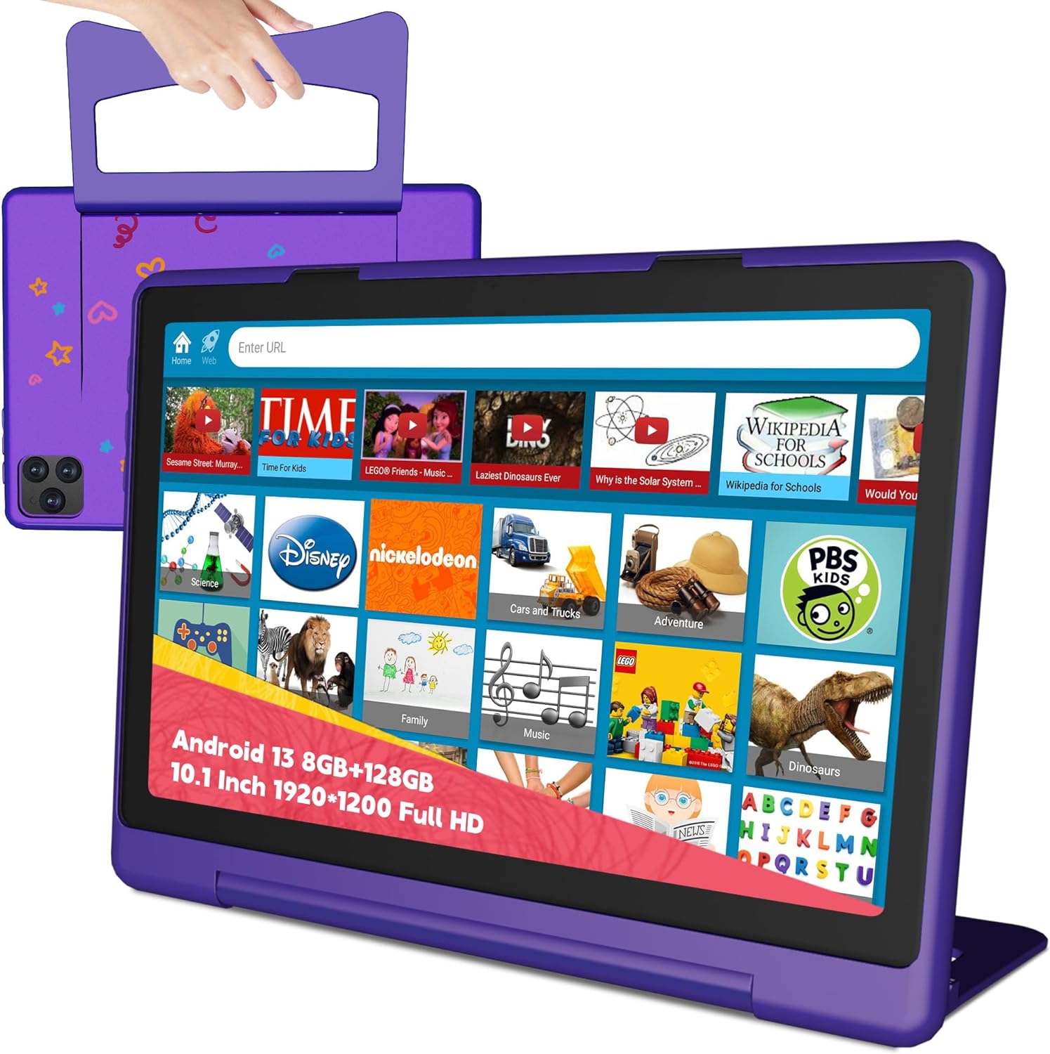 Kids Tablet 10 8GB RAM, 128GB Storage, Android 13, Perfect for Ages 3-12, 8000mAh Battery, Dual Cameras  Parental Controls