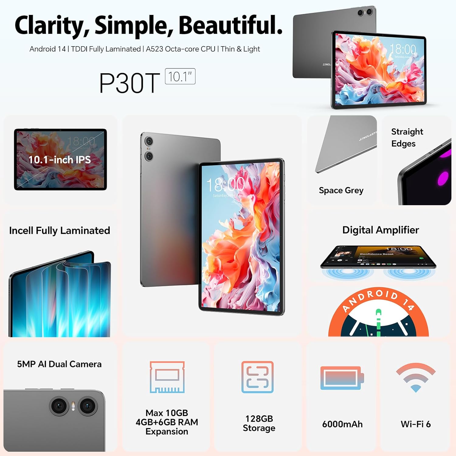 TECLAST Tablet Android 14 Tablets, P30T 10 Inch Tablet, 10GB+128GB, 1TB Expand, IPS Screen, WiFi6, BT5.4, Dual Camera, 6000mAh, Tablet with Keyboard/Case/Mouse/Stylus/Headphones/Tablet Stand