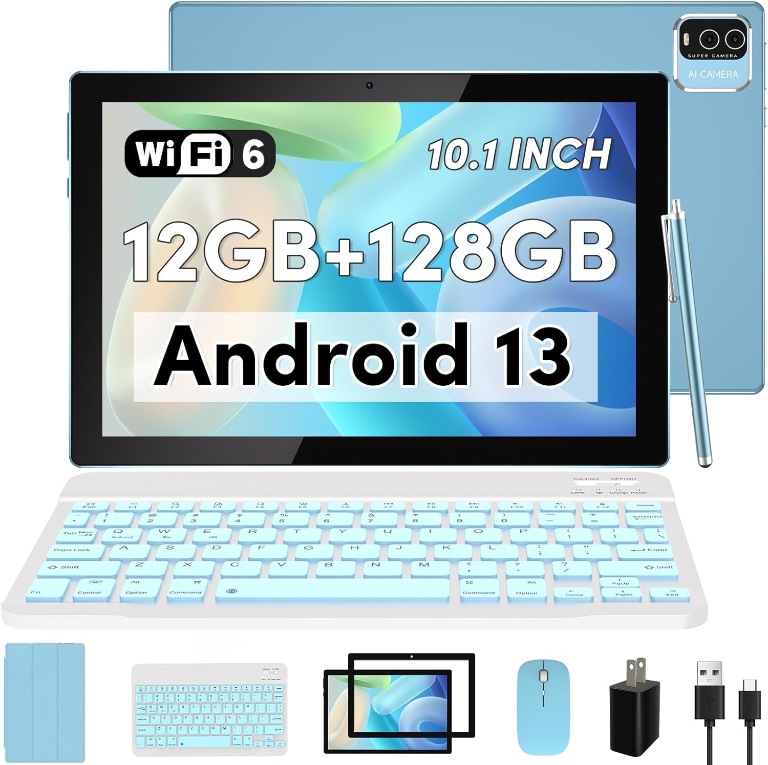 2 in 1 Tablet 10 inch, Android 13 Tablet with Keyboard, 12GB RAM 128GB ROM 1TB Expandable Computer Tablets PC, IPS Screen, 2+8MP Dual Camera, WiFi, BT, Google Certified Tableta with Stylus, Blue