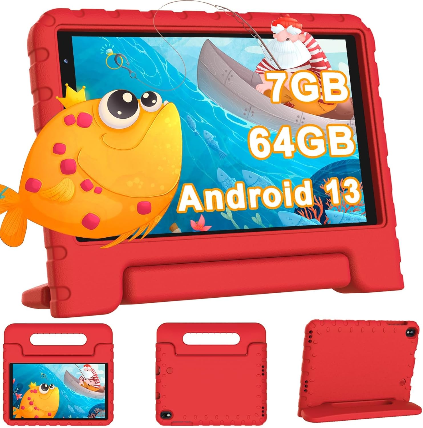 YESTEL Android 13 Kids Tablet 8 inch with 7GB RAM+64GB ROM(Expand to 1TB), WiFi 6, Bluetooth 5.0,1280 x 800 Pixels, 3600 mAh Battery, Double Camera, GPS,with Child-Proof Case(Red)