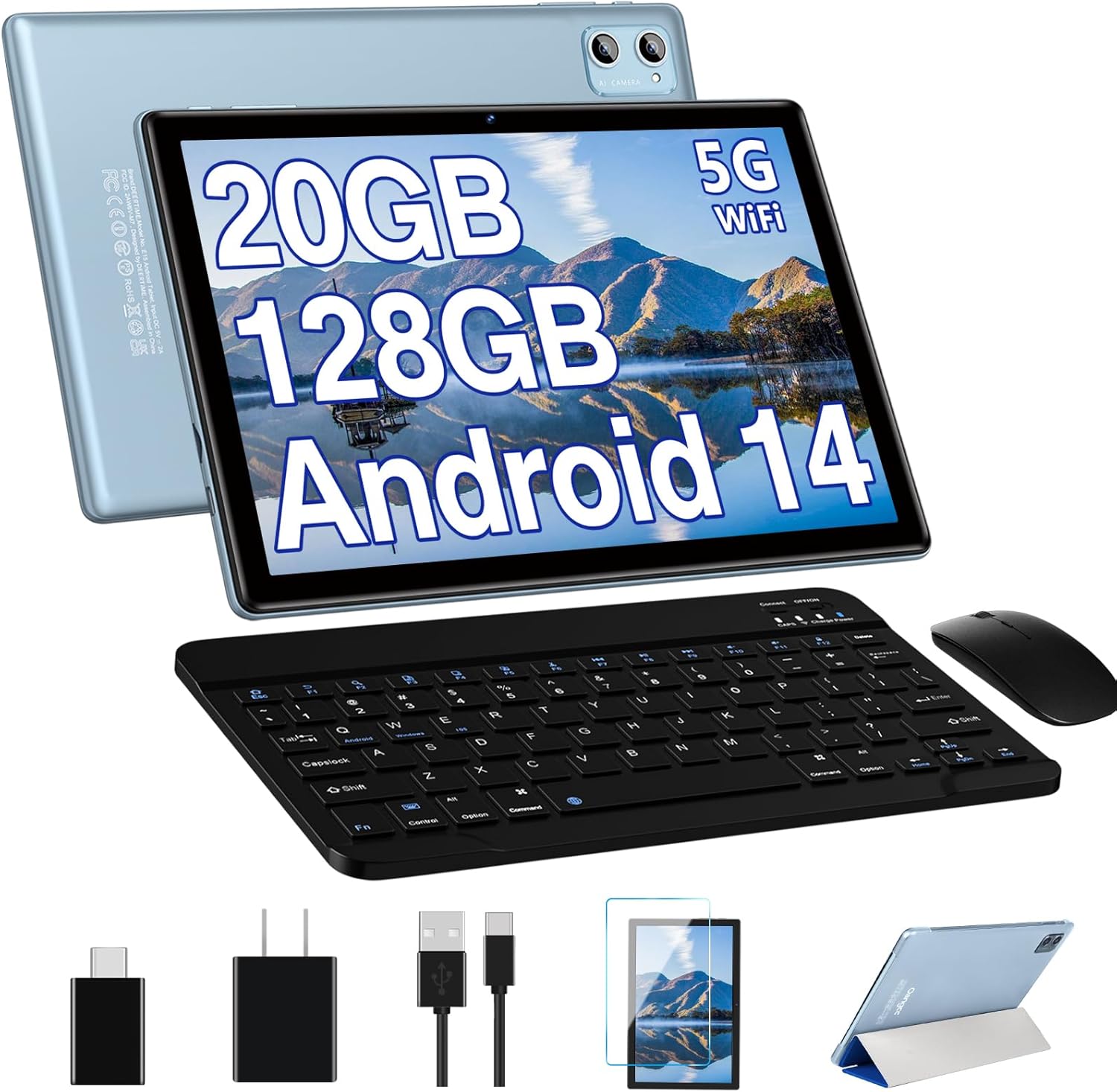 Android 14 Tablet 10.1 Inch Tablets, 20GB RAM 128GB ROM 1TB Expand Octa-Core Tablet 2024 Newest with Keyboard Mouse, 1280x800 IPS HD Touchscreen, Bluetooth GPS WI-FI (Blue)