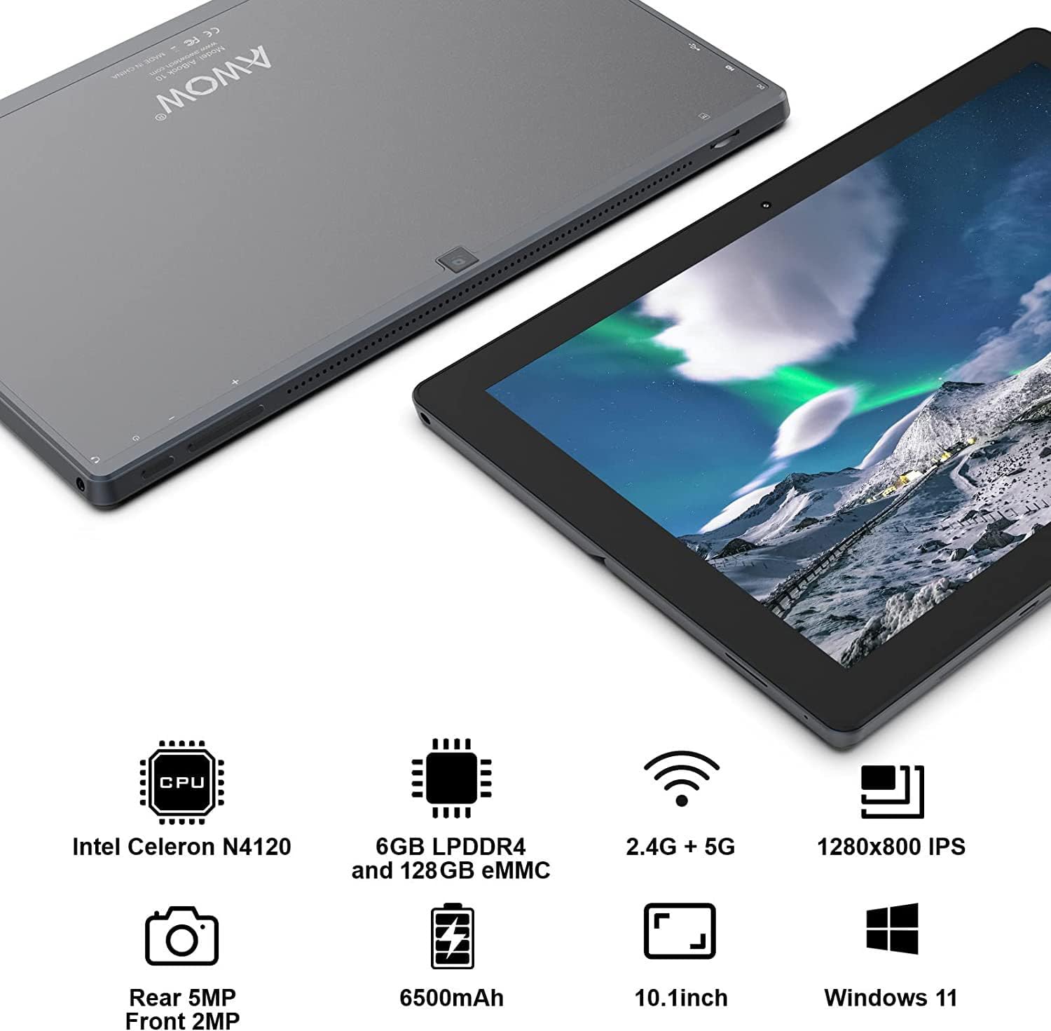 AWOW Windows 11 Tablet Intel N4120, 10.1 Inch Touchscreen 8GB RAM 256GB eMMC, 2.4G+5G WiFi, Bluetooth, USB3.0, HDMI, Dual Camera