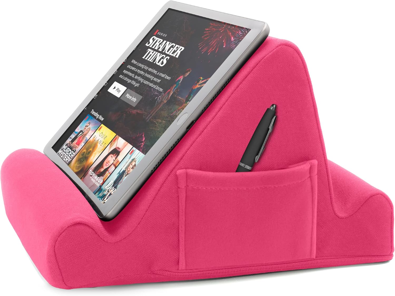 Brookstone, Memory Foam Lap Desk Tablet Holder, Holds Phones, iPads, E-Book Readers, 2 Viewing Angles, 2 Side Pockets for Accessories, Book Holder Cushion, Perfect for Home, Car Travel, Flights, Pink