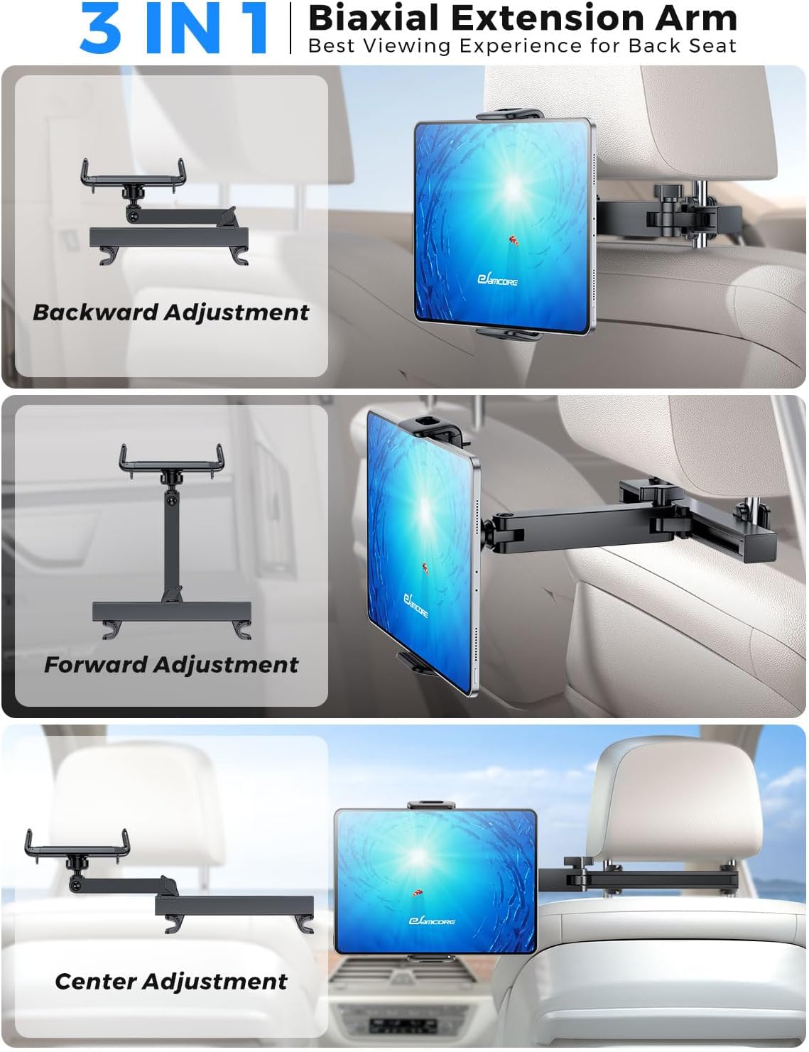 eSamcore Headrest Tablet Holder for car, Back Seat [3 in 1 Extension Arm] Fit iPad Car Mount Road Trip Essentials for Kid Backseat Car Accessories for 4.7-11 iPad Pro, Air, Mini, Fire HD Tablet