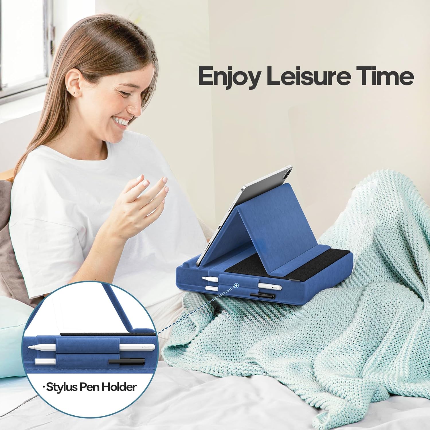 KDD Tablet Pillow Stand, Multi-Angle Viewing I-pad Holder for Lap, Bed and Desk, Foldable Soft Pad Dock with Stylus Mount Compatible with I-pad Pro 12.9, 10.5, 11, Air, Mini, Phones, Books, E-Reader