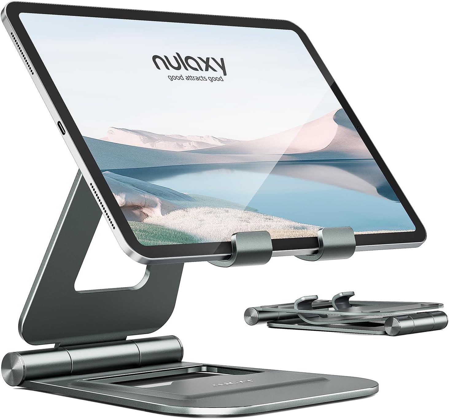 Nulaxy Aluminum Dual Foldable iPad Stand, Fully Adjustable Desktop Tablet Holder, iPad Accessories for Office Kindle Compatible with Mobile Devices iPad Pro/Air/Mini, iPhone Pro/Max/Plus, Gray