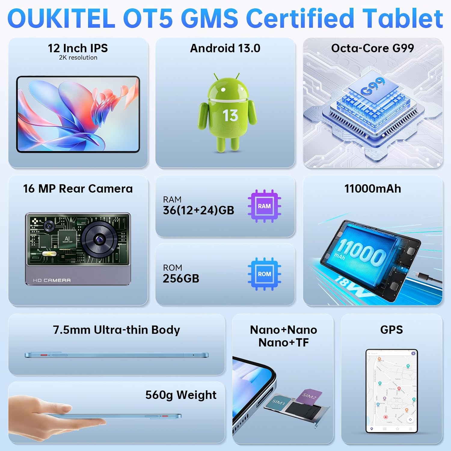 OUKITEL OT5 12 Inch Android 13 Tablet - 11000mAh 2K MTK Helio G99 Octa-Core 2.2GHz Gaming Tablets, 36GB RAM+256GB ROM 2TB Expand Tablet for Adults, 16MP+8MP Camera, Quad Speakers, BT 5.2/GPS/OTG