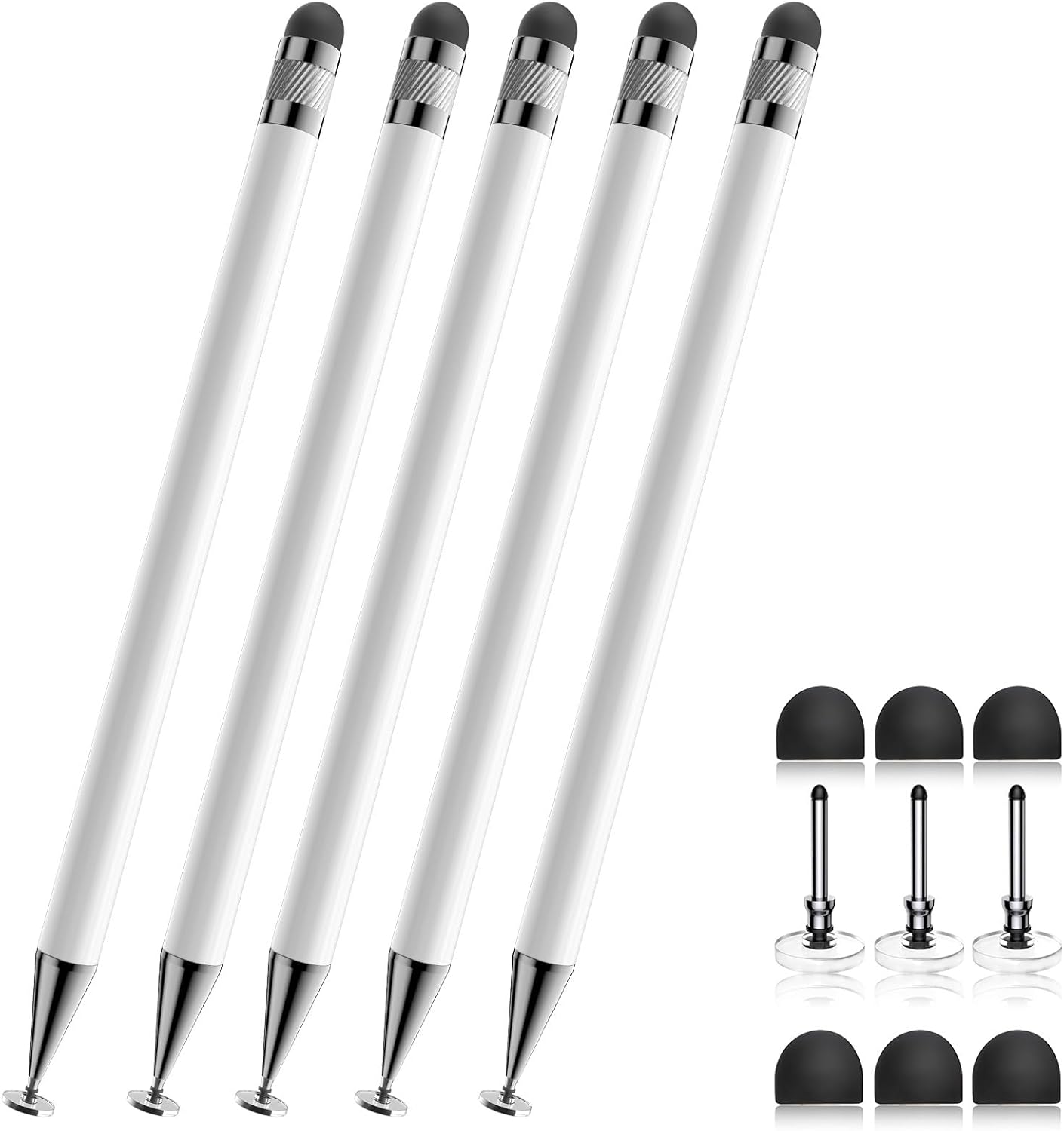 Stylus (5 Pcs), 2-in-1 Stylus Pen for Touch Screen, High Precision and Sensitivity, Suitable for iPhone/ipad/Android Tablets, Compatible with All Touch Screens (Black/White/Blue/Rose Gold/Silver)