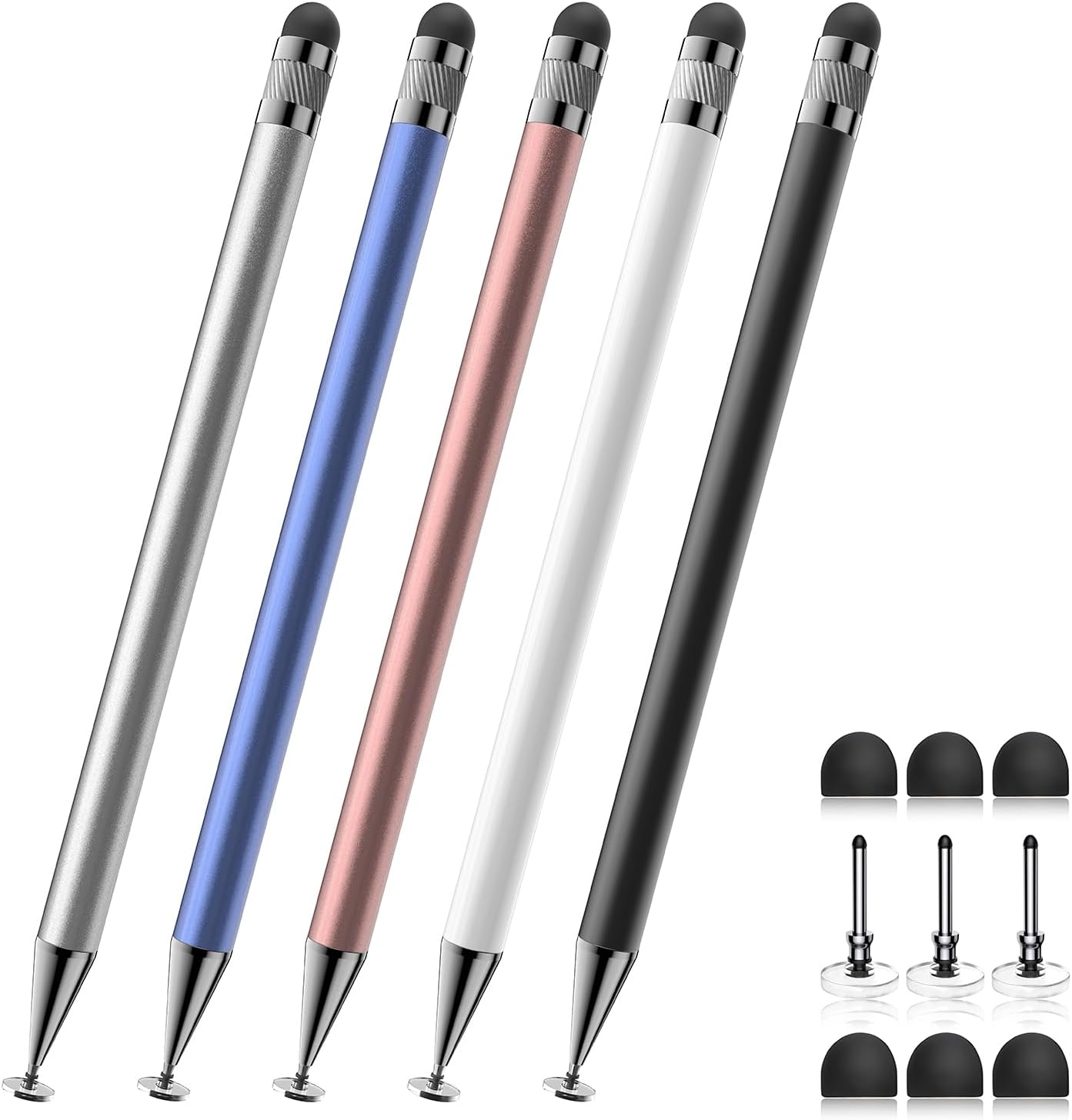 Stylus (5 Pcs), 2-in-1 Stylus Pen for Touch Screen, High Precision and Sensitivity, Suitable for iPhone/ipad/Android Tablets, Compatible with All Touch Screens (Black/White/Blue/Rose Gold/Silver)